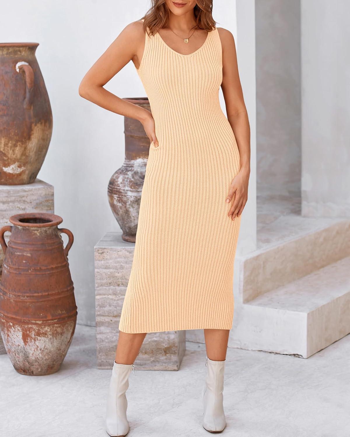 imageBTFBM Women Fall Knit Sweater Dress Set Bodycon Slit Midi Dresses Button Down Long Sleeve Cropped Cardigan 2 Piece SetsBeige