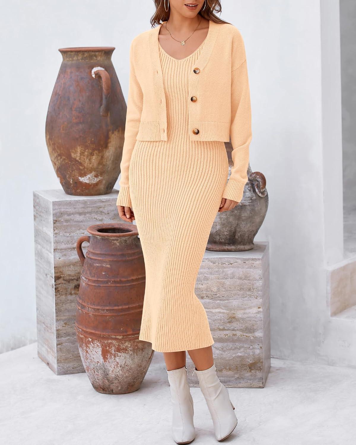 imageBTFBM Women Fall Knit Sweater Dress Set Bodycon Slit Midi Dresses Button Down Long Sleeve Cropped Cardigan 2 Piece SetsBeige