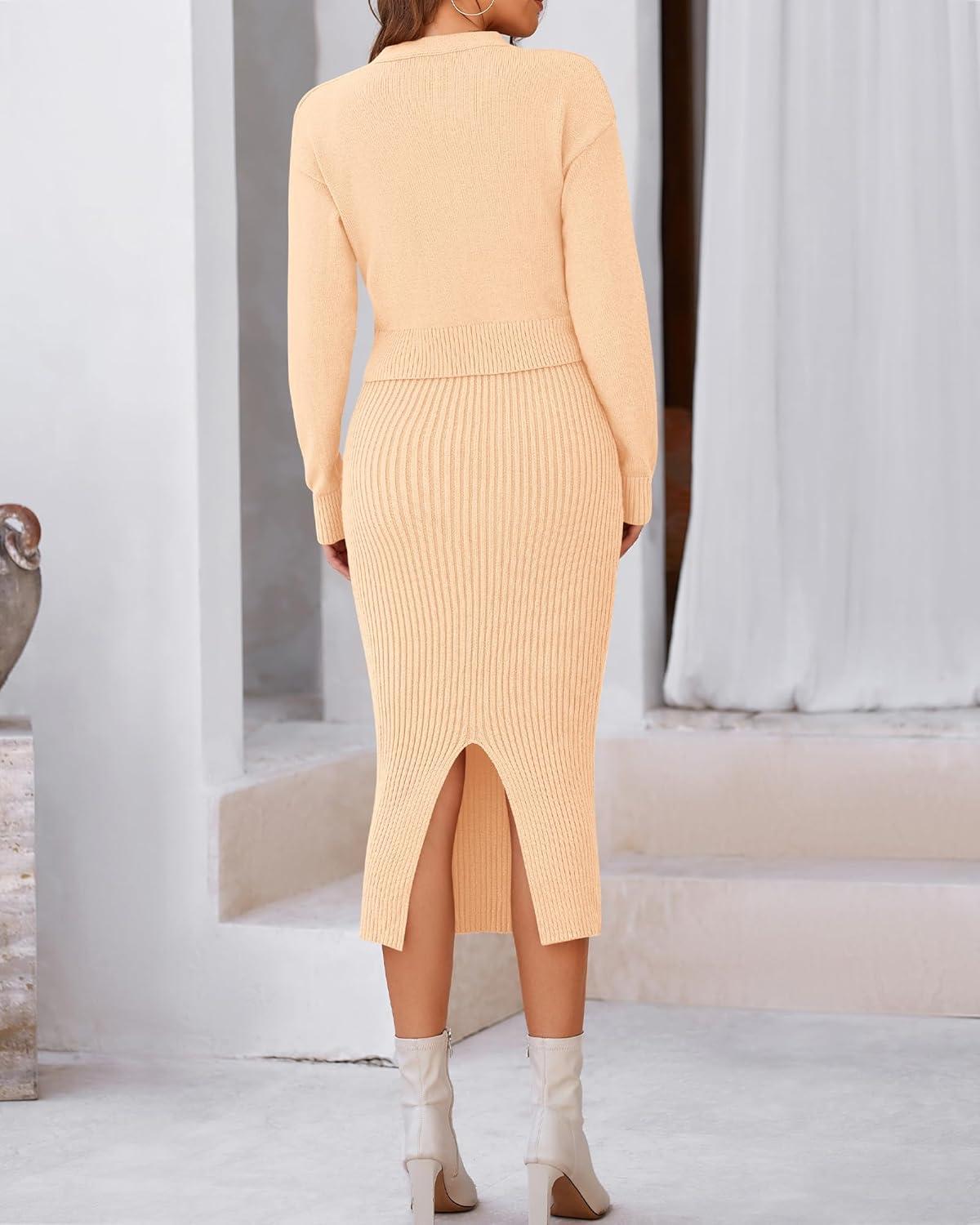 imageBTFBM Women Fall Knit Sweater Dress Set Bodycon Slit Midi Dresses Button Down Long Sleeve Cropped Cardigan 2 Piece SetsBeige