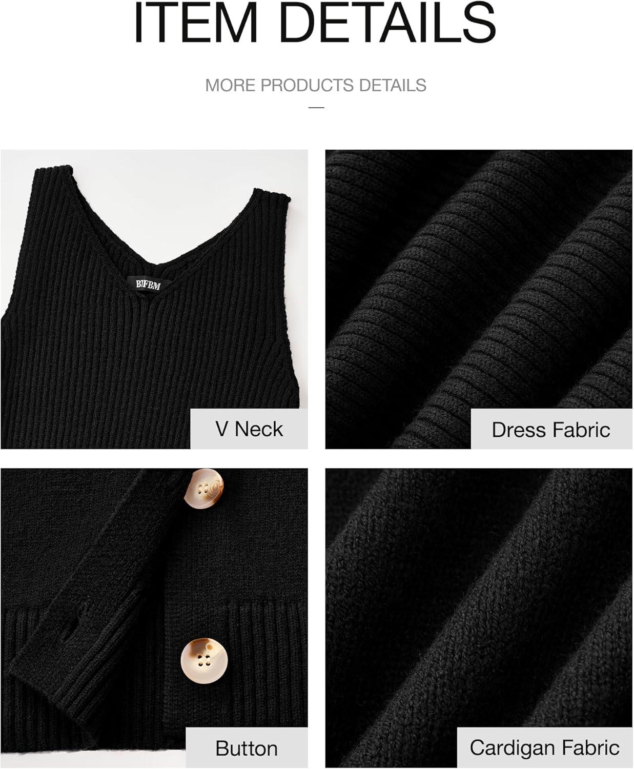 imageBTFBM Women Fall Knit Sweater Dress Set Bodycon Slit Midi Dresses Button Down Long Sleeve Cropped Cardigan 2 Piece SetsBlack