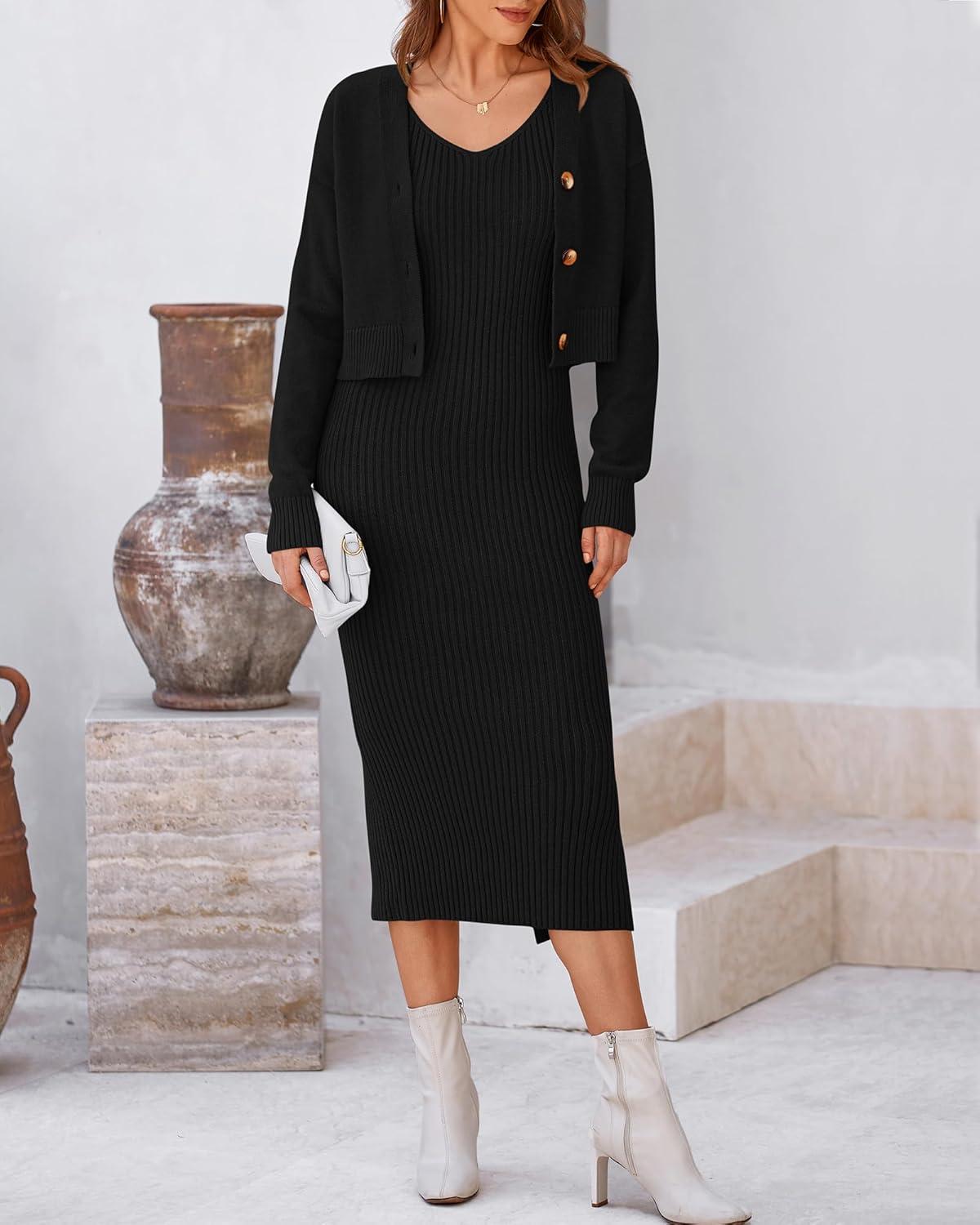 imageBTFBM Women Fall Knit Sweater Dress Set Bodycon Slit Midi Dresses Button Down Long Sleeve Cropped Cardigan 2 Piece SetsBlack