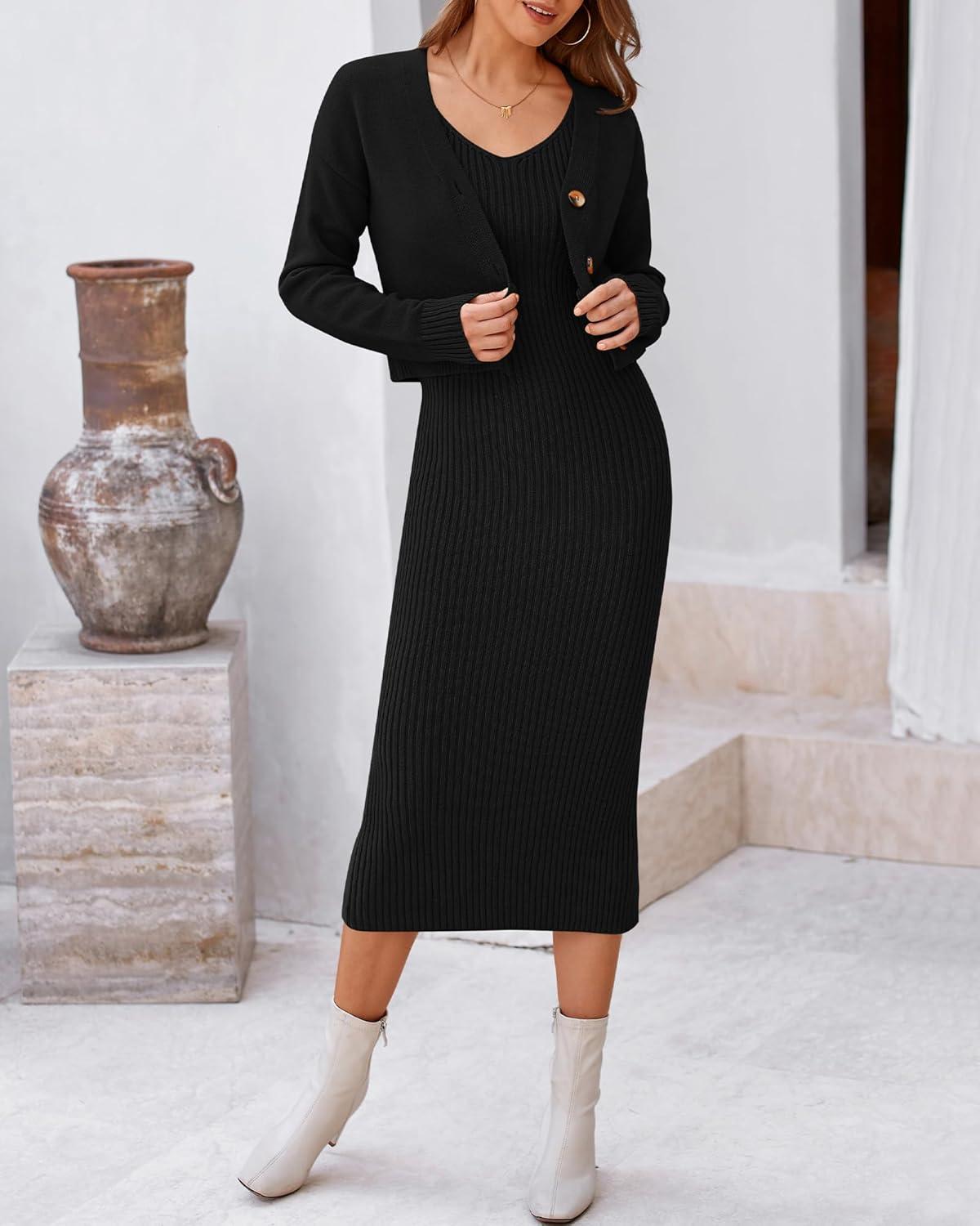 imageBTFBM Women Fall Knit Sweater Dress Set Bodycon Slit Midi Dresses Button Down Long Sleeve Cropped Cardigan 2 Piece SetsBlack