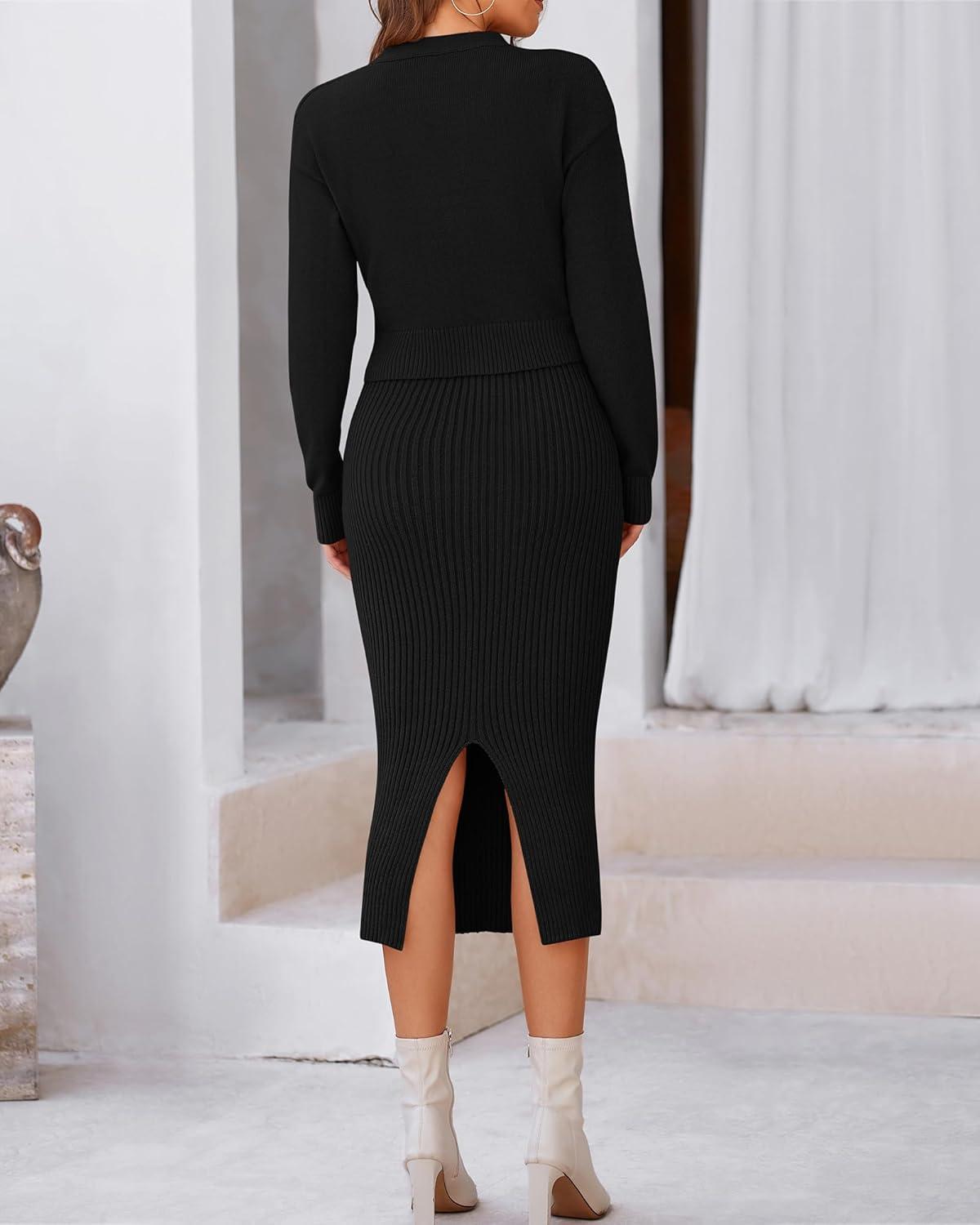 imageBTFBM Women Fall Knit Sweater Dress Set Bodycon Slit Midi Dresses Button Down Long Sleeve Cropped Cardigan 2 Piece SetsBlack
