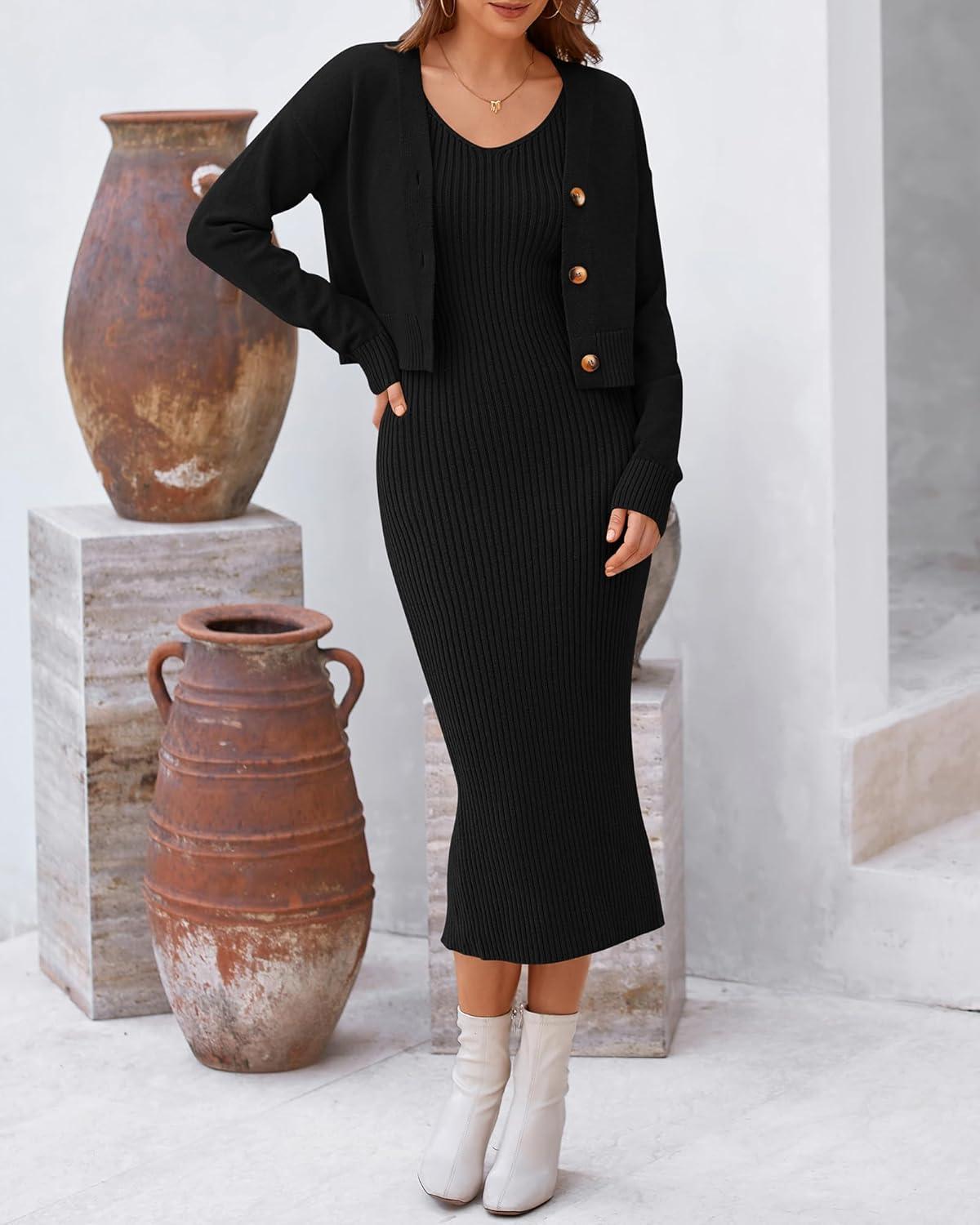 imageBTFBM Women Fall Knit Sweater Dress Set Bodycon Slit Midi Dresses Button Down Long Sleeve Cropped Cardigan 2 Piece SetsBlack