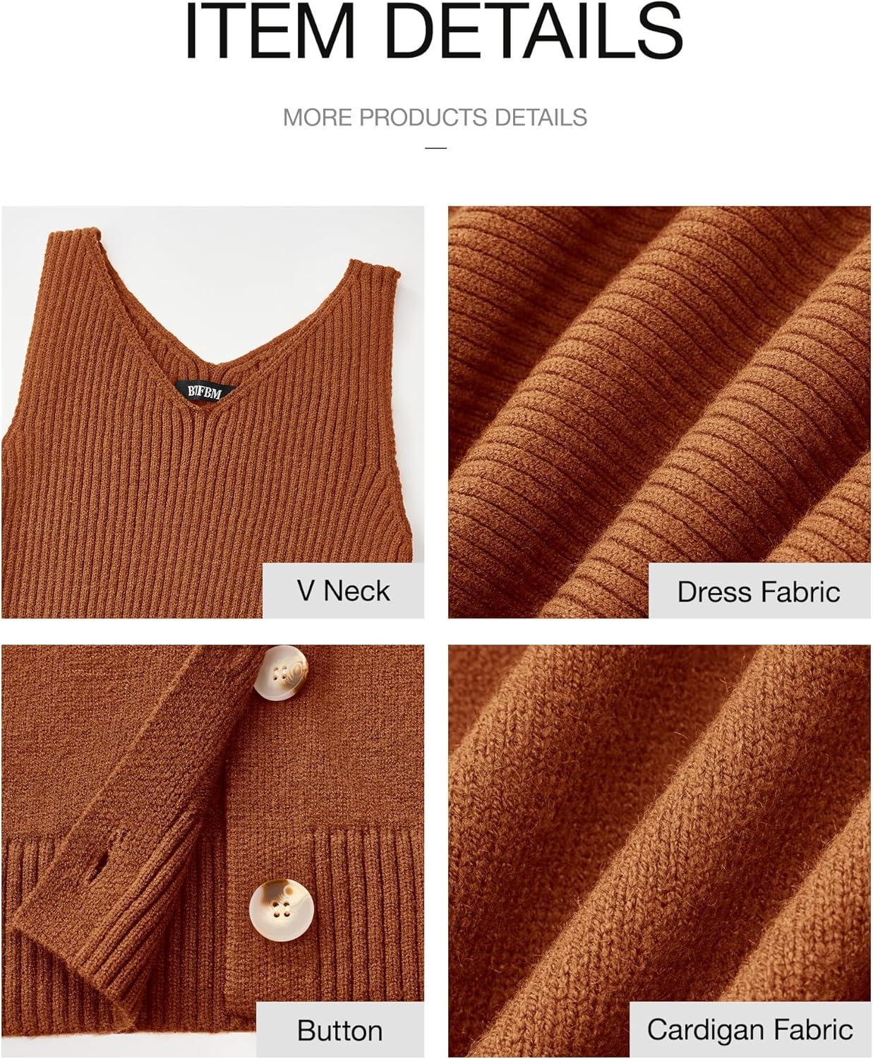 imageBTFBM Women Fall Knit Sweater Dress Set Bodycon Slit Midi Dresses Button Down Long Sleeve Cropped Cardigan 2 Piece SetsCaramel