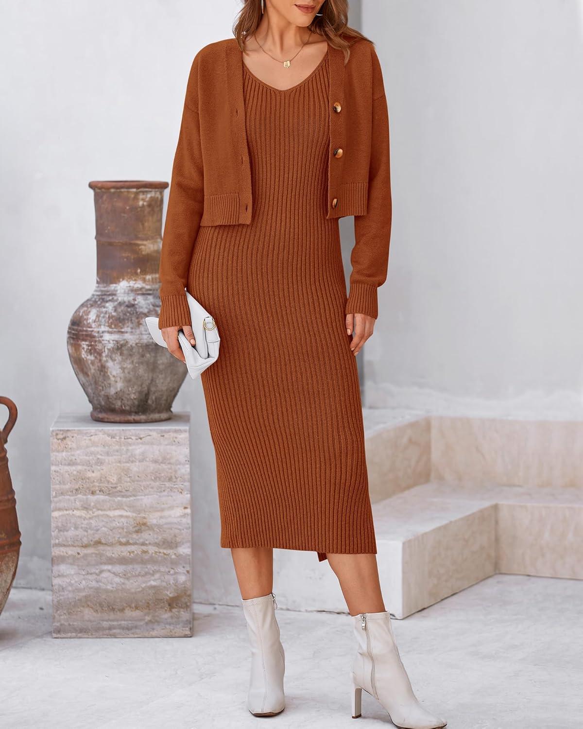 imageBTFBM Women Fall Knit Sweater Dress Set Bodycon Slit Midi Dresses Button Down Long Sleeve Cropped Cardigan 2 Piece SetsCaramel