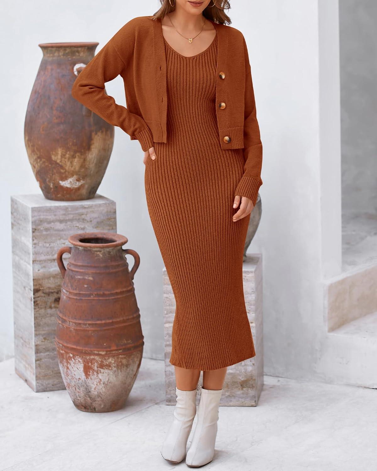 imageBTFBM Women Fall Knit Sweater Dress Set Bodycon Slit Midi Dresses Button Down Long Sleeve Cropped Cardigan 2 Piece SetsCaramel
