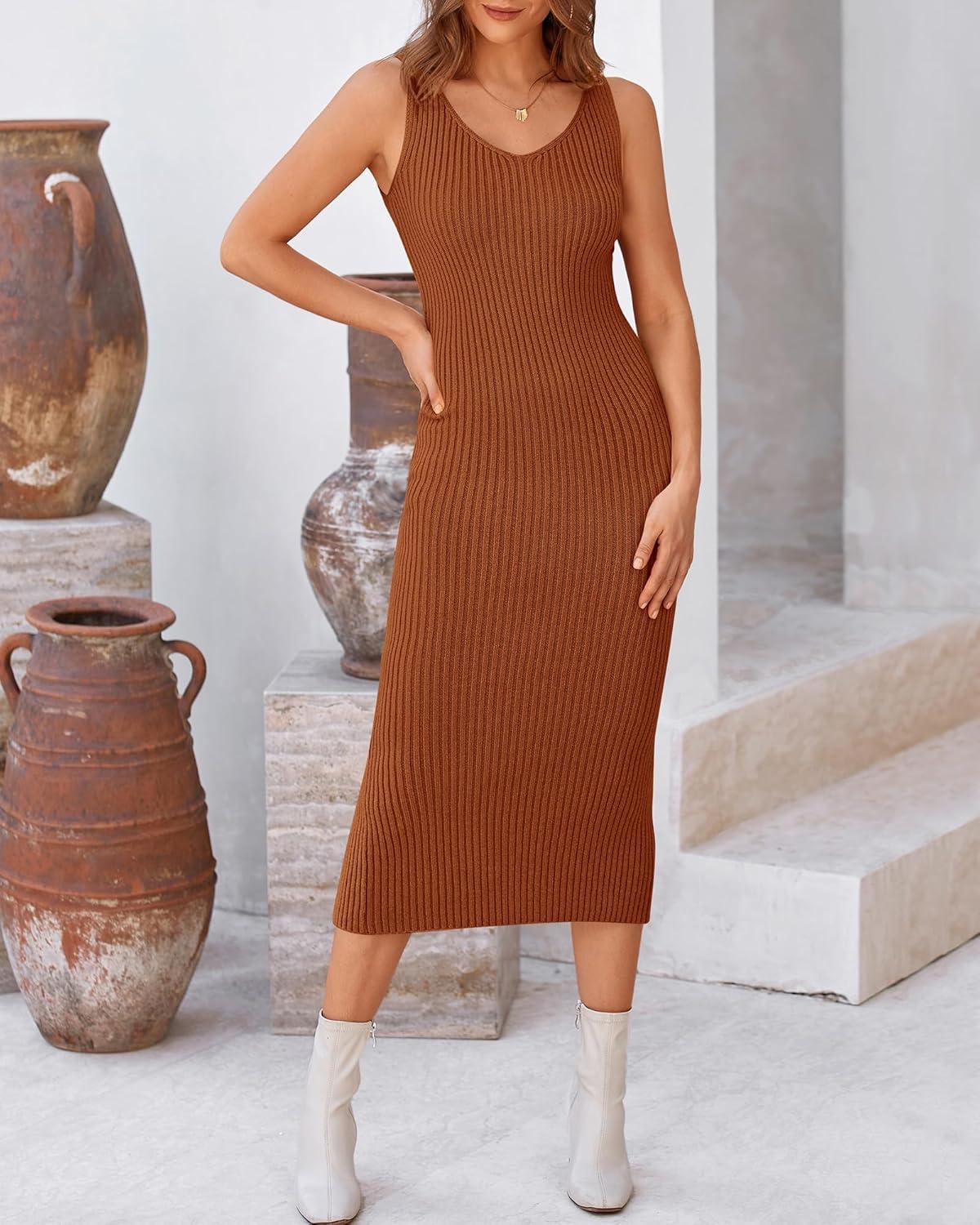 imageBTFBM Women Fall Knit Sweater Dress Set Bodycon Slit Midi Dresses Button Down Long Sleeve Cropped Cardigan 2 Piece SetsCaramel
