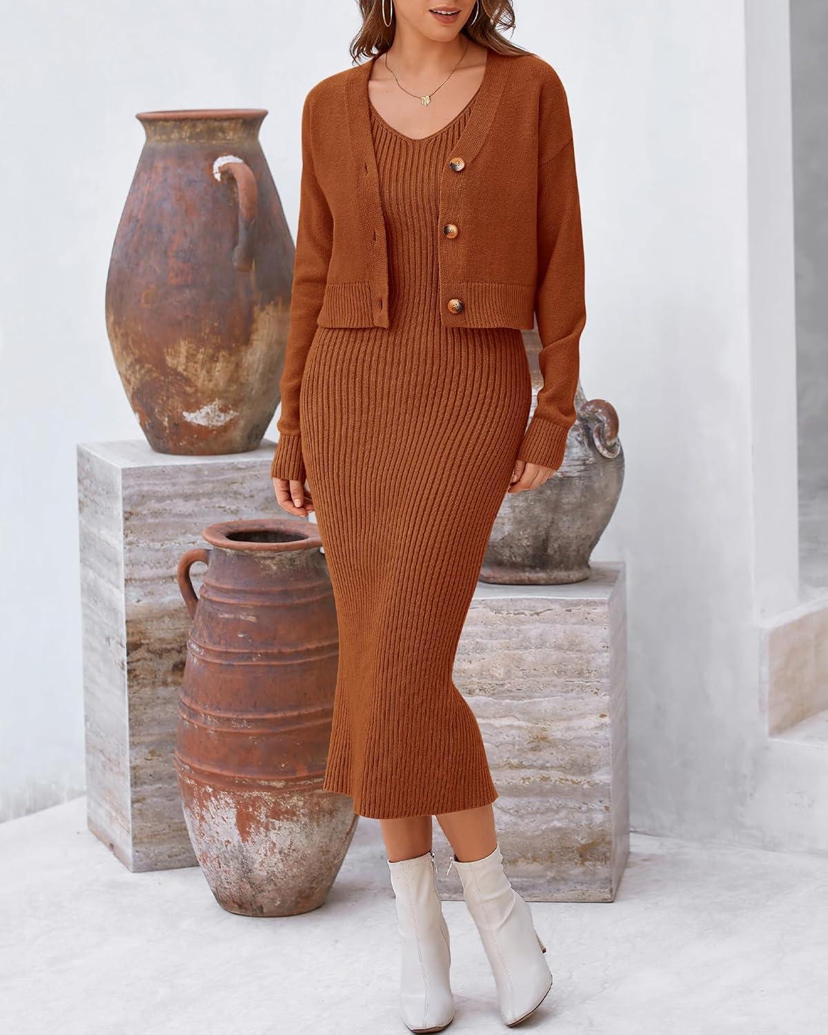 imageBTFBM Women Fall Knit Sweater Dress Set Bodycon Slit Midi Dresses Button Down Long Sleeve Cropped Cardigan 2 Piece SetsCaramel