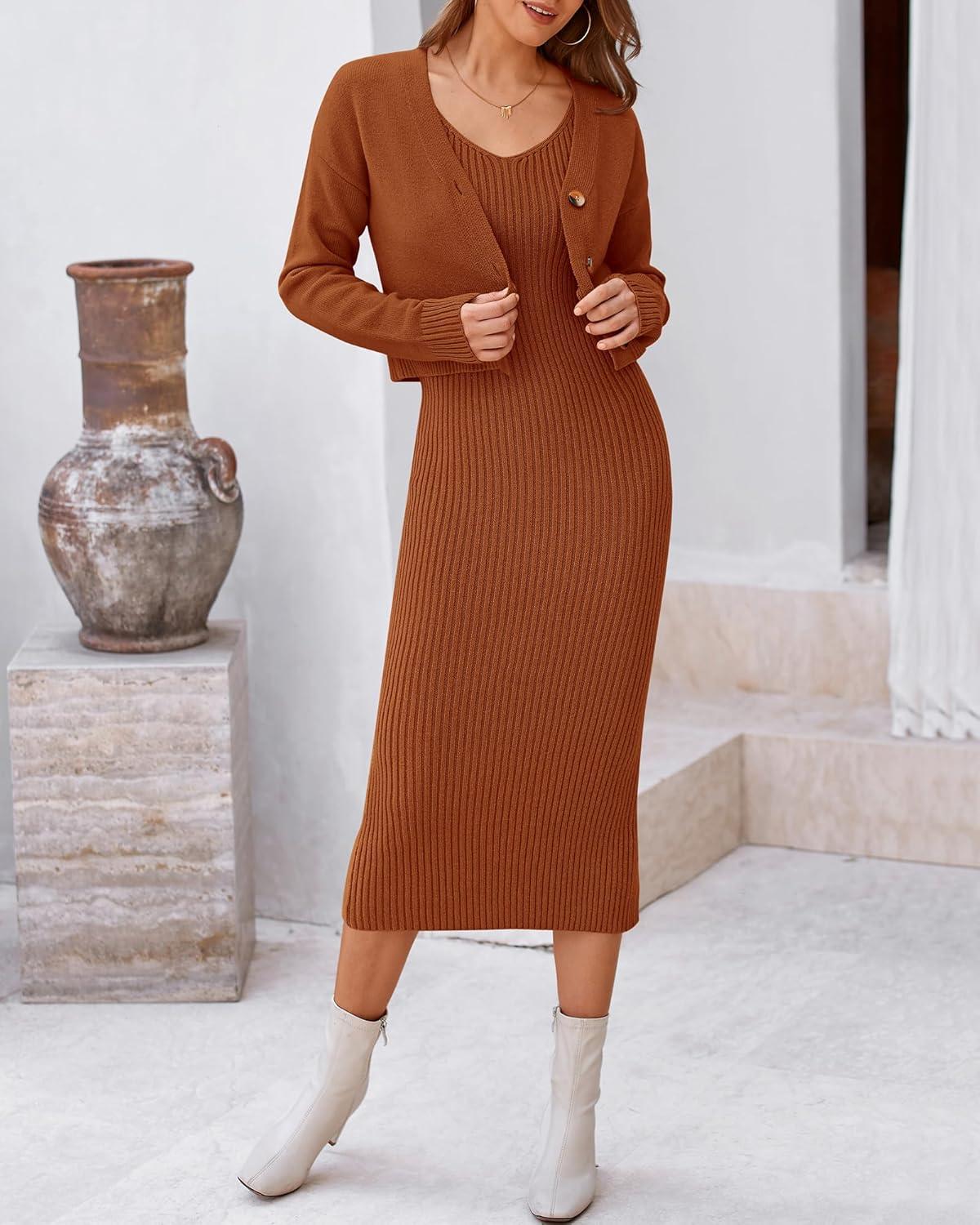 imageBTFBM Women Fall Knit Sweater Dress Set Bodycon Slit Midi Dresses Button Down Long Sleeve Cropped Cardigan 2 Piece SetsCaramel