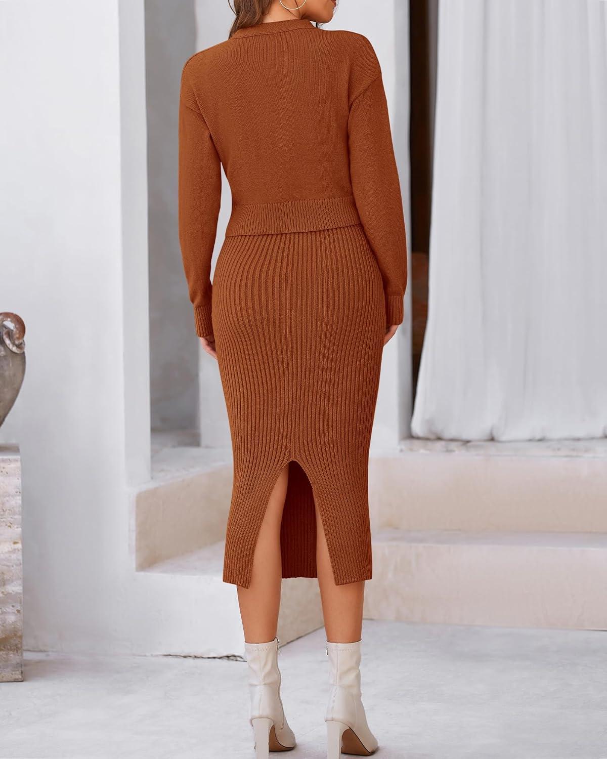 imageBTFBM Women Fall Knit Sweater Dress Set Bodycon Slit Midi Dresses Button Down Long Sleeve Cropped Cardigan 2 Piece SetsCaramel