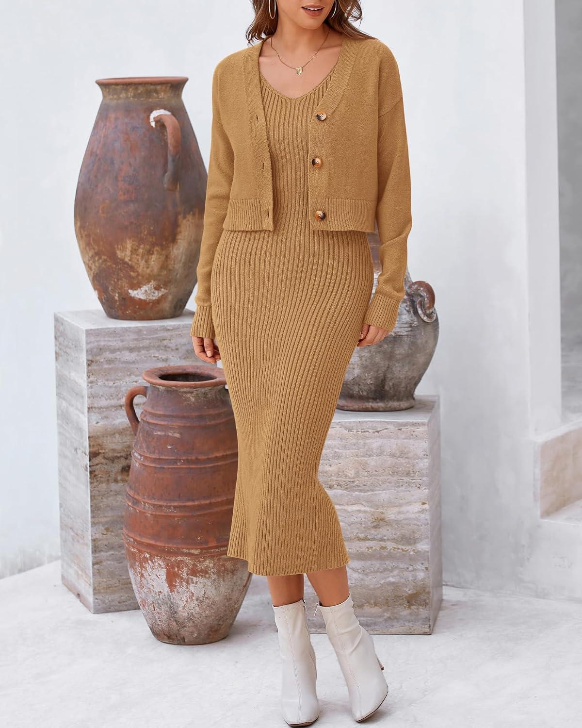 imageBTFBM Women Fall Knit Sweater Dress Set Bodycon Slit Midi Dresses Button Down Long Sleeve Cropped Cardigan 2 Piece SetsKhaki