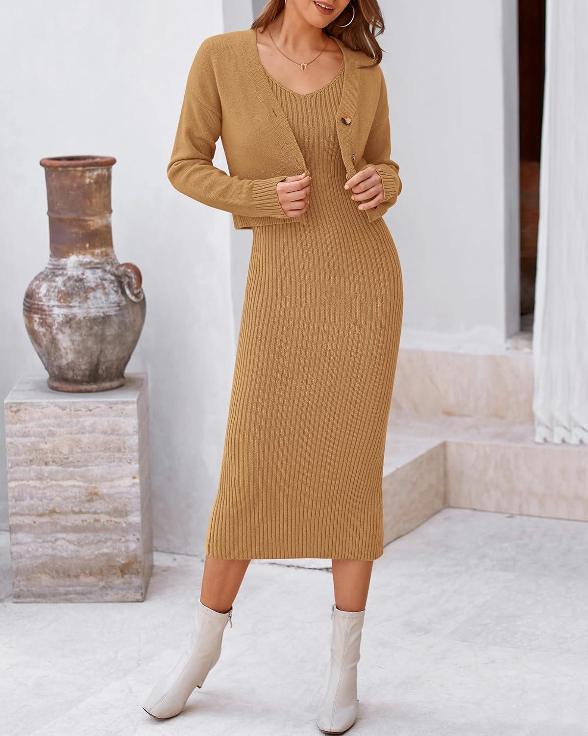 imageBTFBM Women Fall Knit Sweater Dress Set Bodycon Slit Midi Dresses Button Down Long Sleeve Cropped Cardigan 2 Piece SetsKhaki