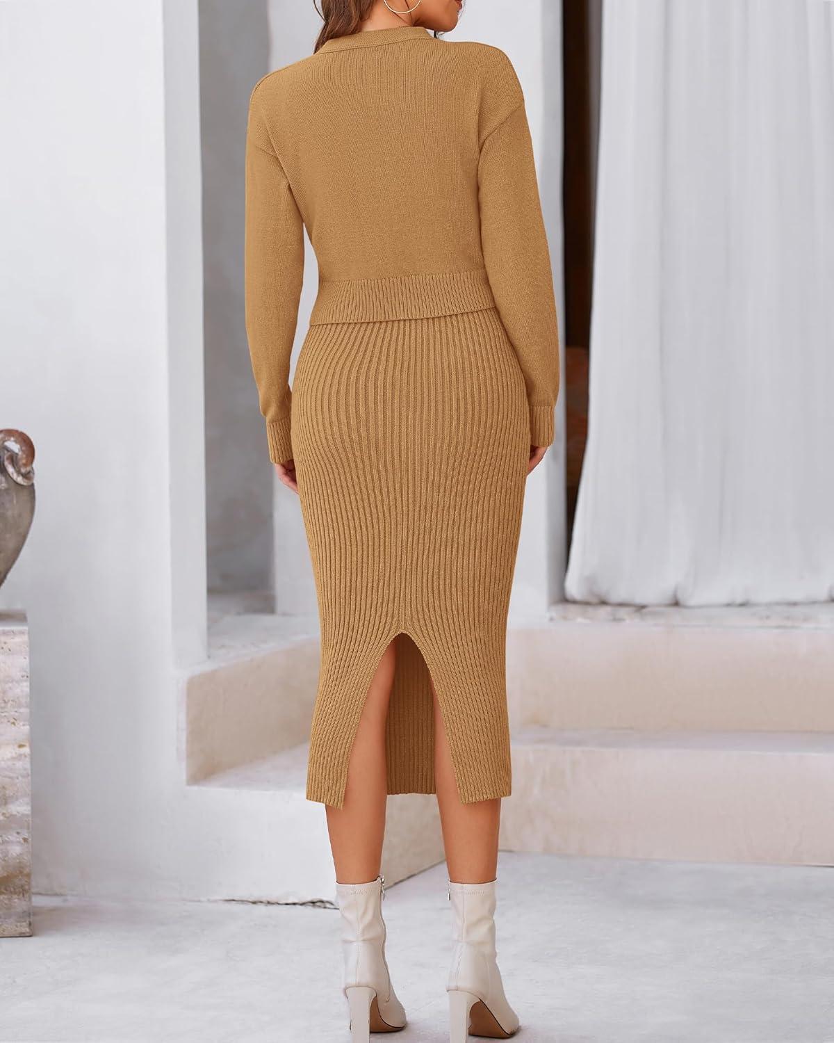 imageBTFBM Women Fall Knit Sweater Dress Set Bodycon Slit Midi Dresses Button Down Long Sleeve Cropped Cardigan 2 Piece SetsKhaki