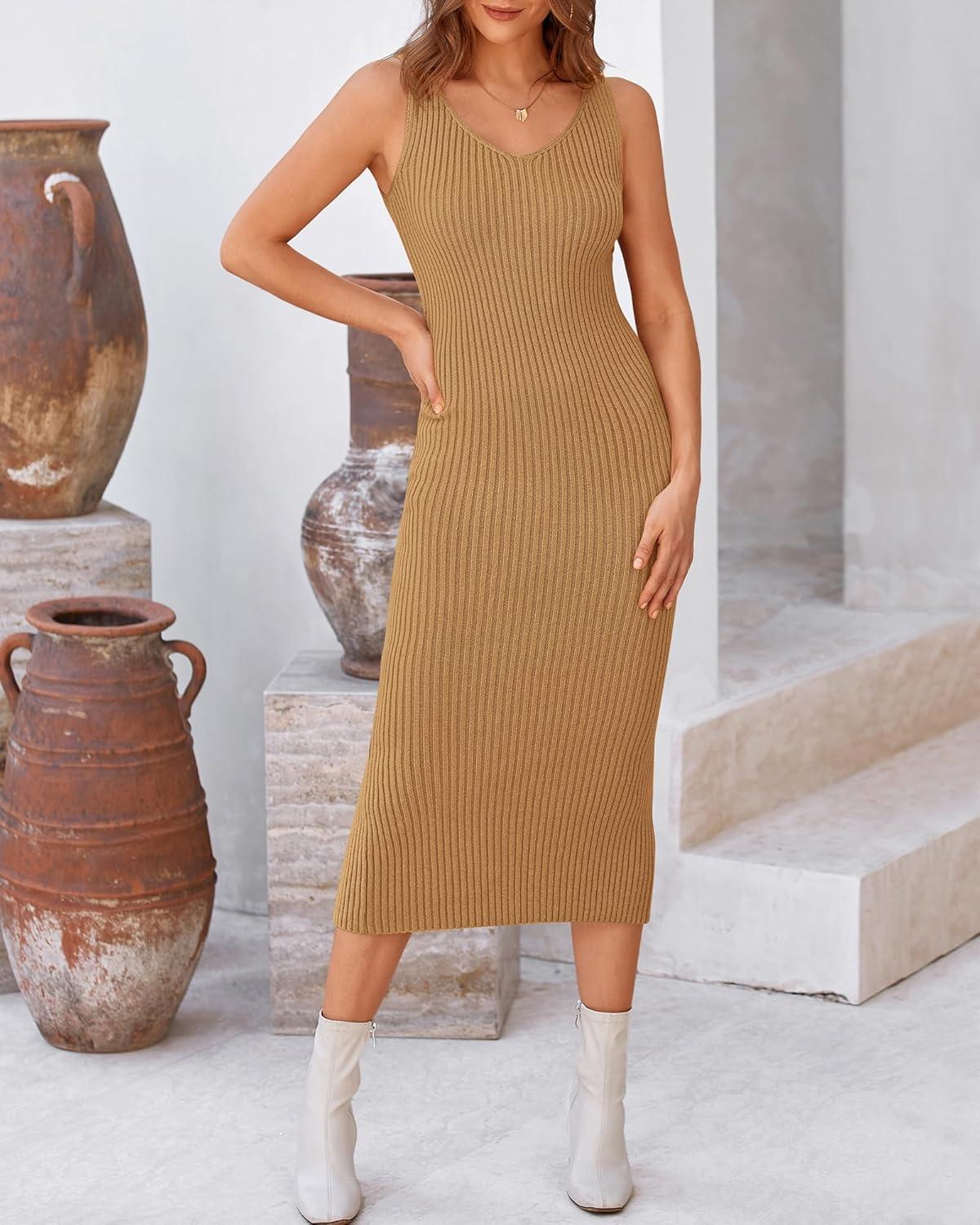 imageBTFBM Women Fall Knit Sweater Dress Set Bodycon Slit Midi Dresses Button Down Long Sleeve Cropped Cardigan 2 Piece SetsKhaki