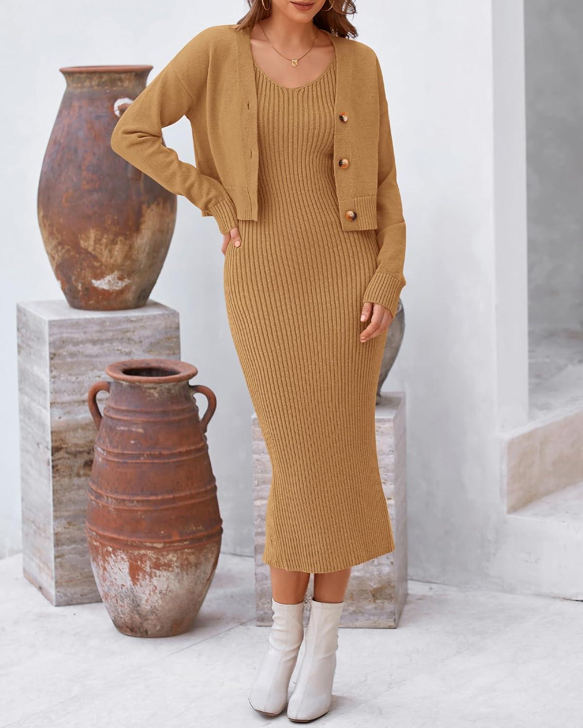 imageBTFBM Women Fall Knit Sweater Dress Set Bodycon Slit Midi Dresses Button Down Long Sleeve Cropped Cardigan 2 Piece SetsKhaki