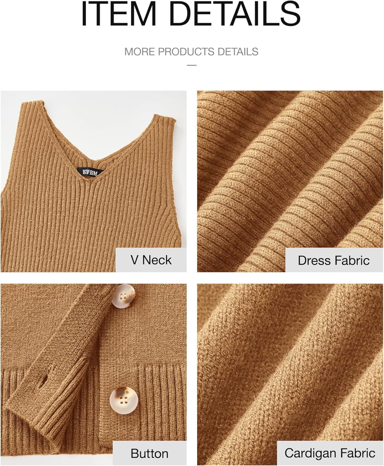 imageBTFBM Women Fall Knit Sweater Dress Set Bodycon Slit Midi Dresses Button Down Long Sleeve Cropped Cardigan 2 Piece SetsKhaki