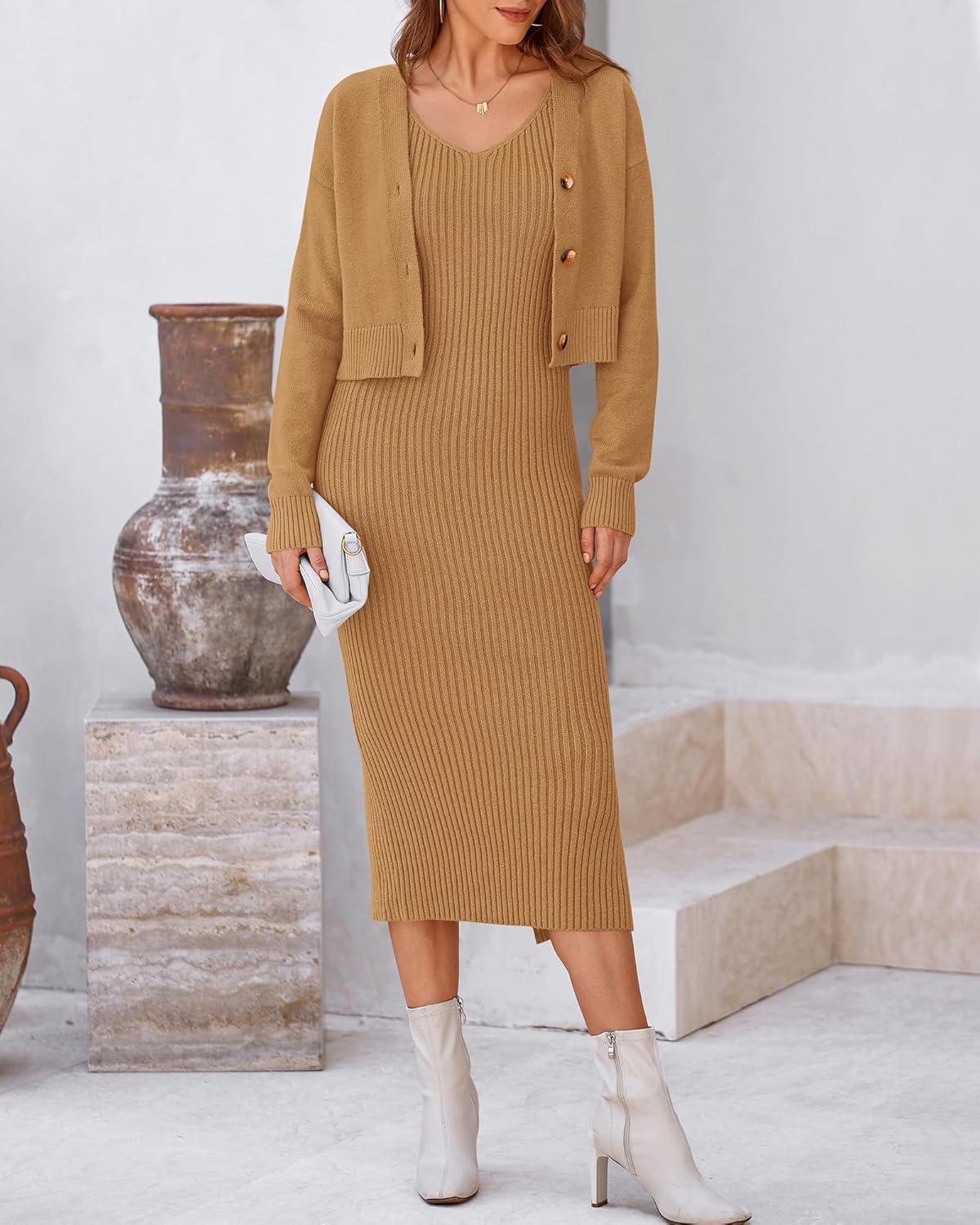 imageBTFBM Women Fall Knit Sweater Dress Set Bodycon Slit Midi Dresses Button Down Long Sleeve Cropped Cardigan 2 Piece SetsKhaki