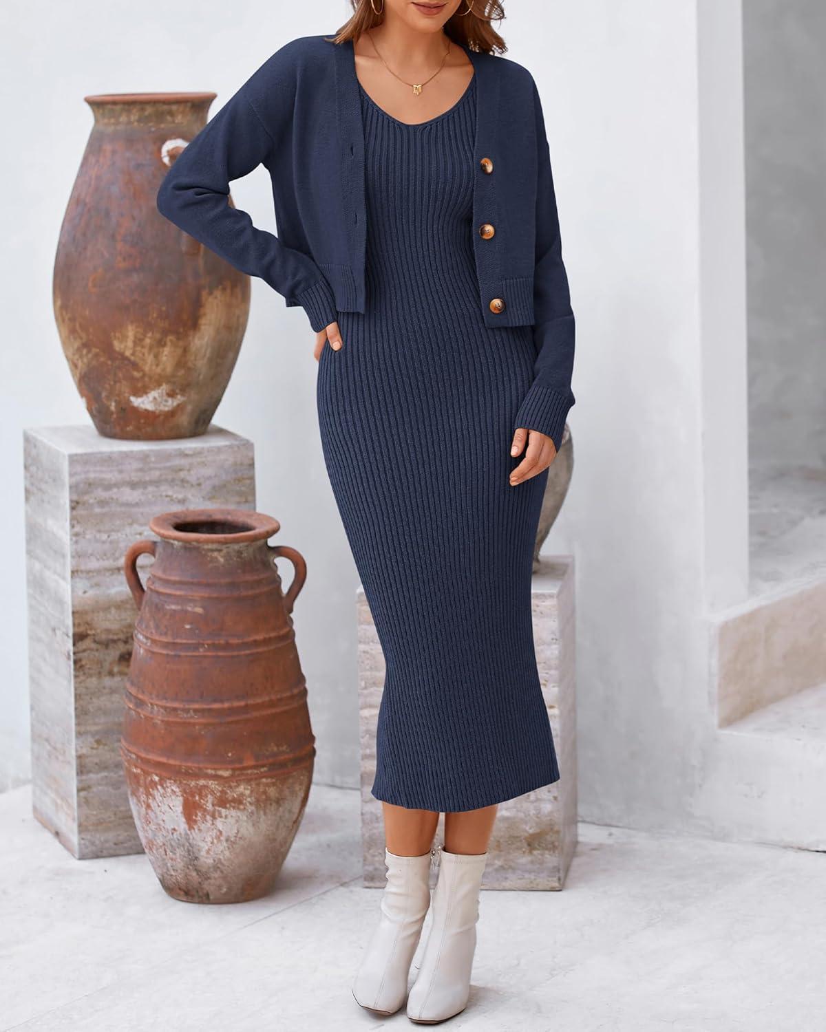 imageBTFBM Women Fall Knit Sweater Dress Set Bodycon Slit Midi Dresses Button Down Long Sleeve Cropped Cardigan 2 Piece SetsNavy