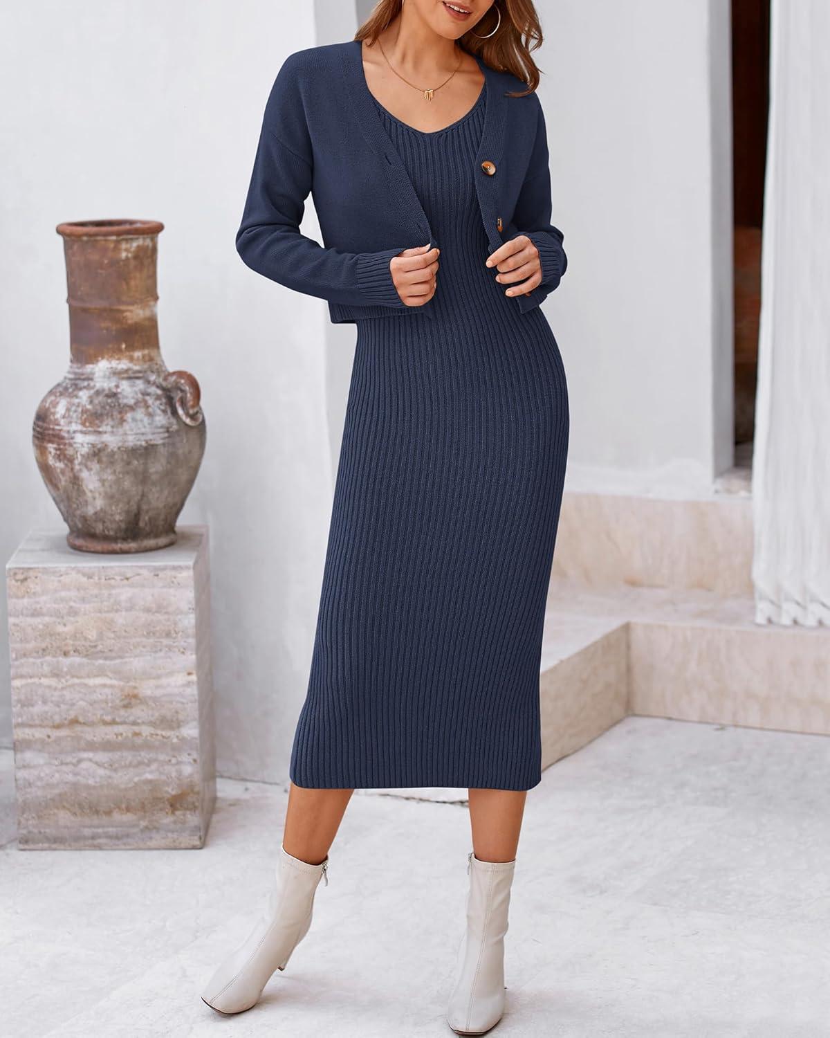 imageBTFBM Women Fall Knit Sweater Dress Set Bodycon Slit Midi Dresses Button Down Long Sleeve Cropped Cardigan 2 Piece SetsNavy