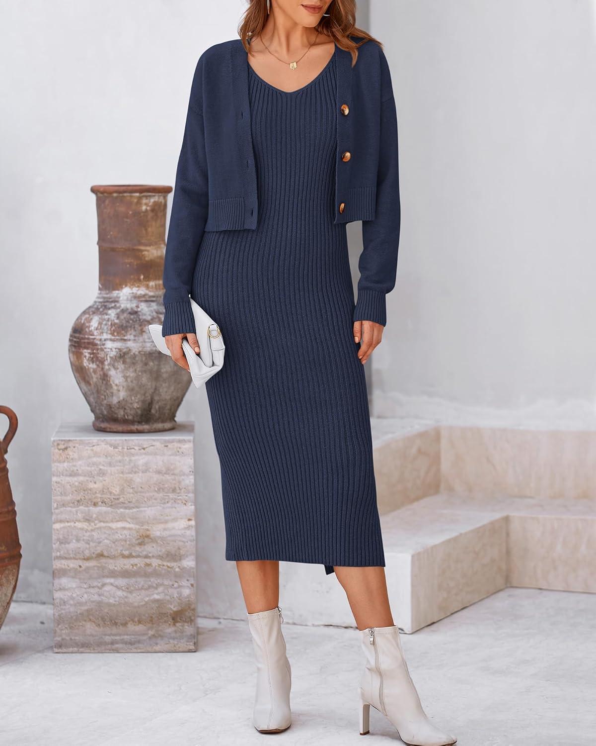 imageBTFBM Women Fall Knit Sweater Dress Set Bodycon Slit Midi Dresses Button Down Long Sleeve Cropped Cardigan 2 Piece SetsNavy