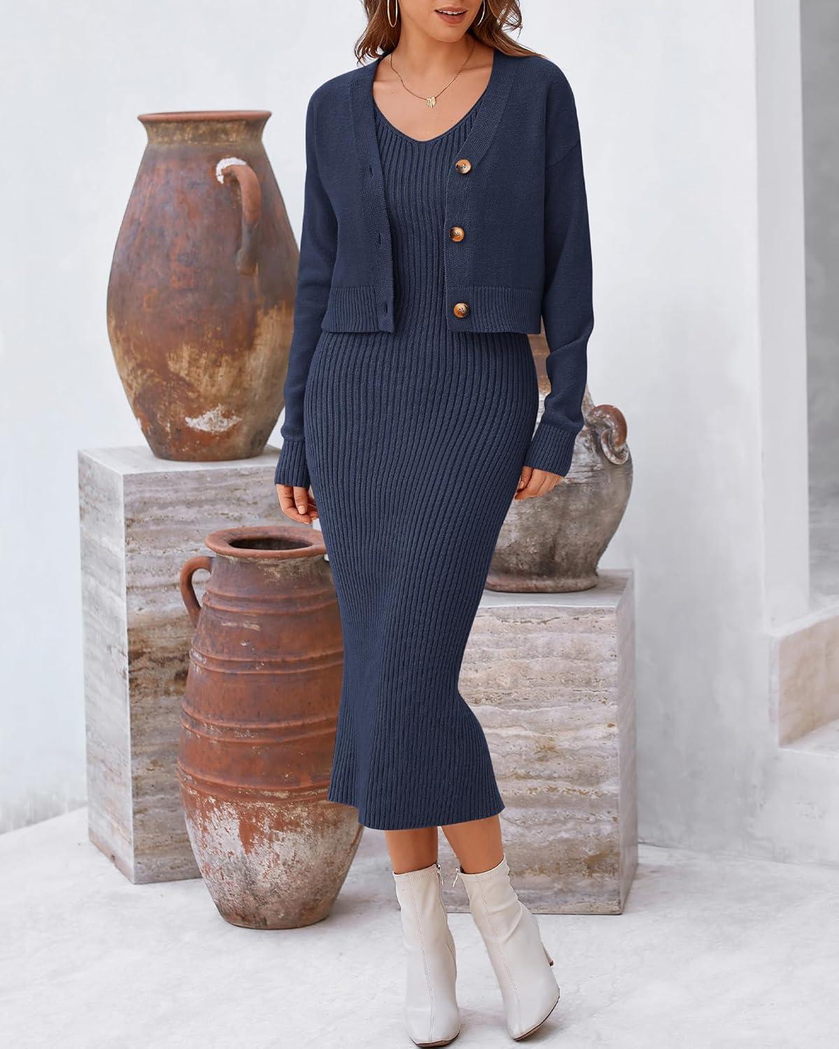imageBTFBM Women Fall Knit Sweater Dress Set Bodycon Slit Midi Dresses Button Down Long Sleeve Cropped Cardigan 2 Piece SetsNavy