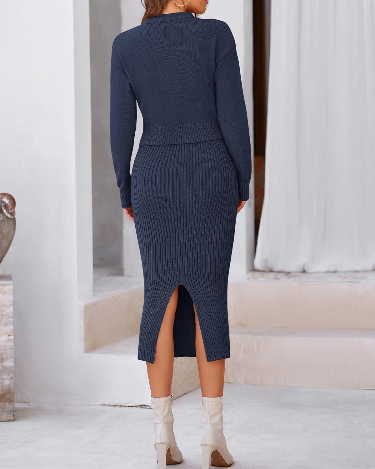 imageBTFBM Women Fall Knit Sweater Dress Set Bodycon Slit Midi Dresses Button Down Long Sleeve Cropped Cardigan 2 Piece SetsNavy
