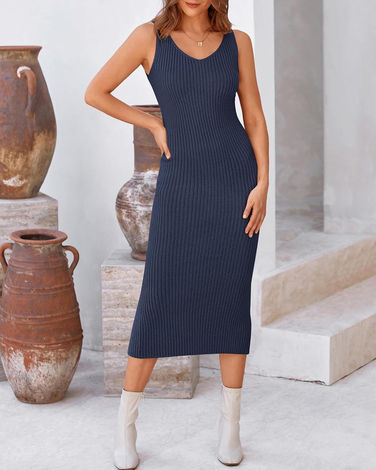 imageBTFBM Women Fall Knit Sweater Dress Set Bodycon Slit Midi Dresses Button Down Long Sleeve Cropped Cardigan 2 Piece SetsNavy