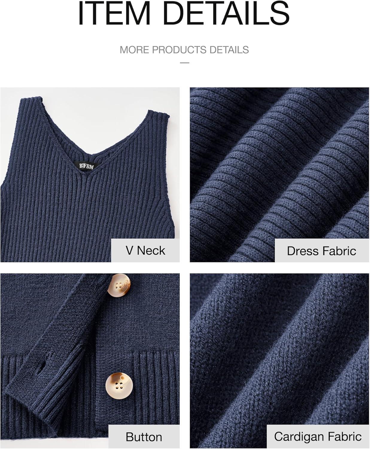 imageBTFBM Women Fall Knit Sweater Dress Set Bodycon Slit Midi Dresses Button Down Long Sleeve Cropped Cardigan 2 Piece SetsNavy