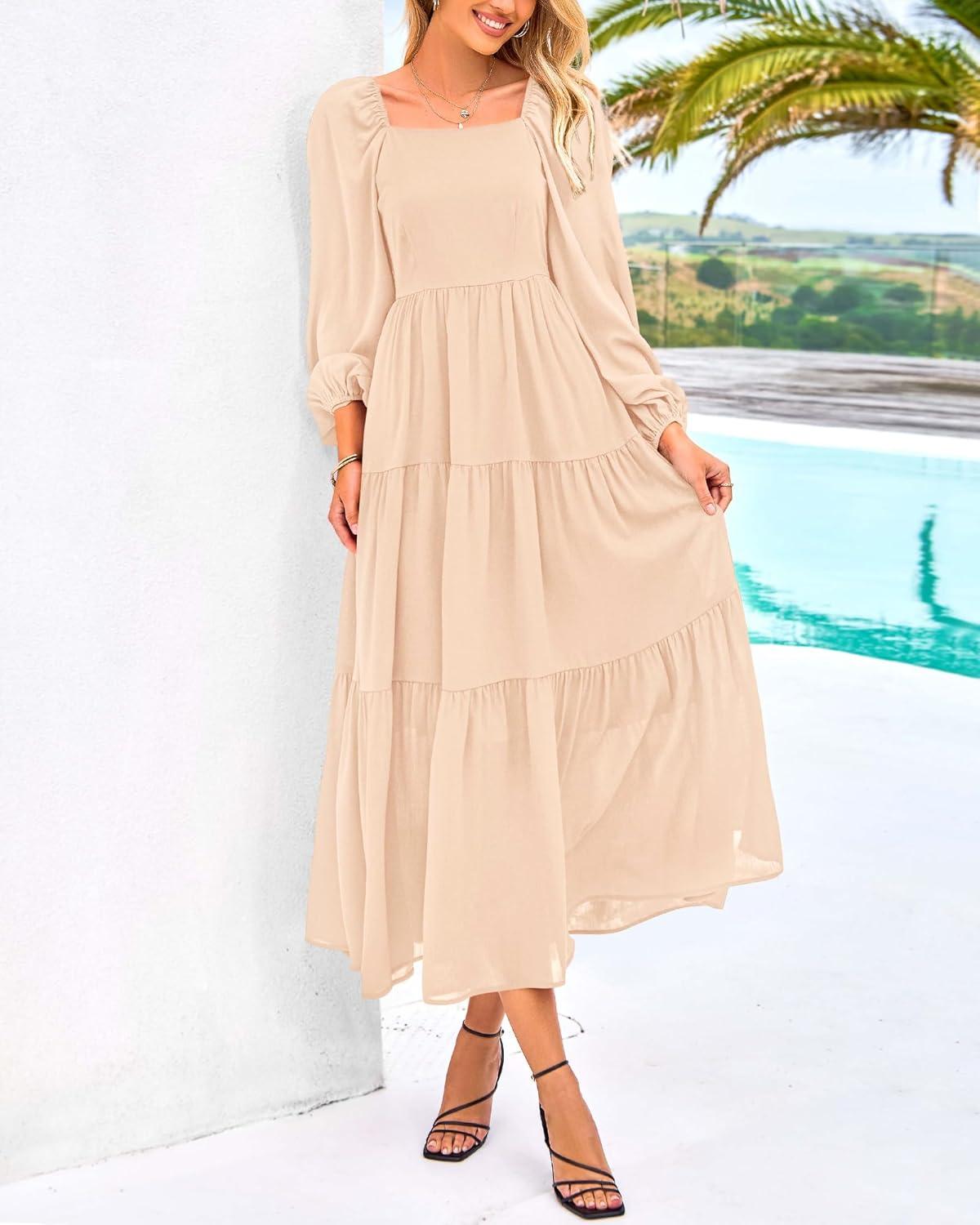 imageBTFBM Women Formal Dress Spring Square Neck Puff Long Sleeve Smocked Tiered Flowy Wedding Guest Maxi Dresses PocketsBeige