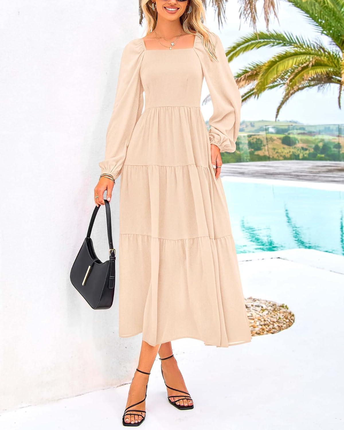 imageBTFBM Women Formal Dress Spring Square Neck Puff Long Sleeve Smocked Tiered Flowy Wedding Guest Maxi Dresses PocketsBeige