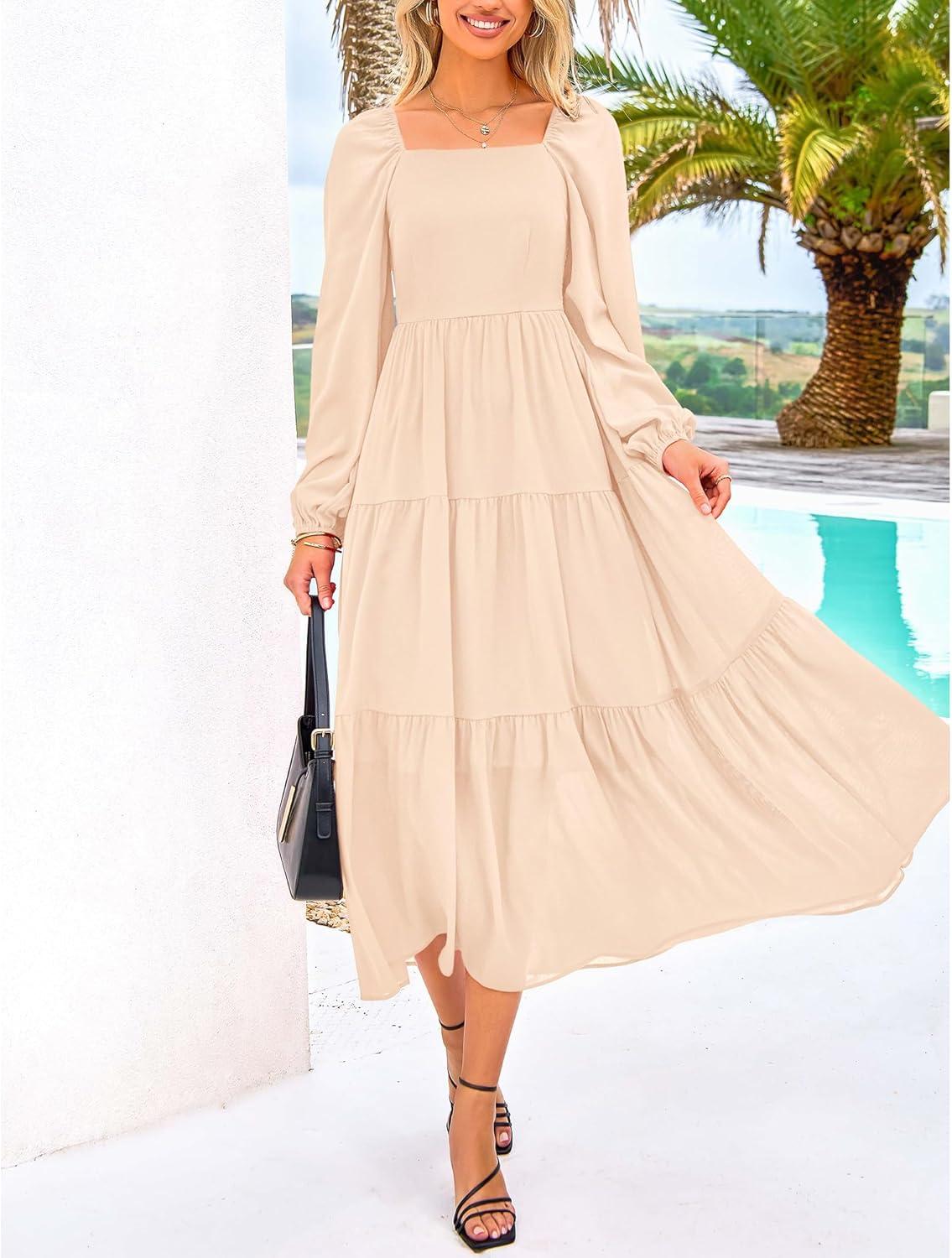 imageBTFBM Women Formal Dress Spring Square Neck Puff Long Sleeve Smocked Tiered Flowy Wedding Guest Maxi Dresses PocketsBeige