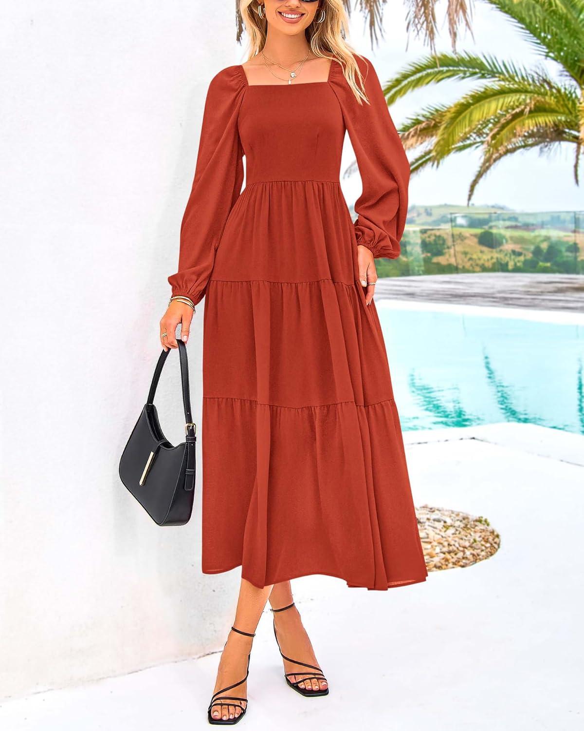 imageBTFBM Women Formal Dress Spring Square Neck Puff Long Sleeve Smocked Tiered Flowy Wedding Guest Maxi Dresses PocketsBrick Red