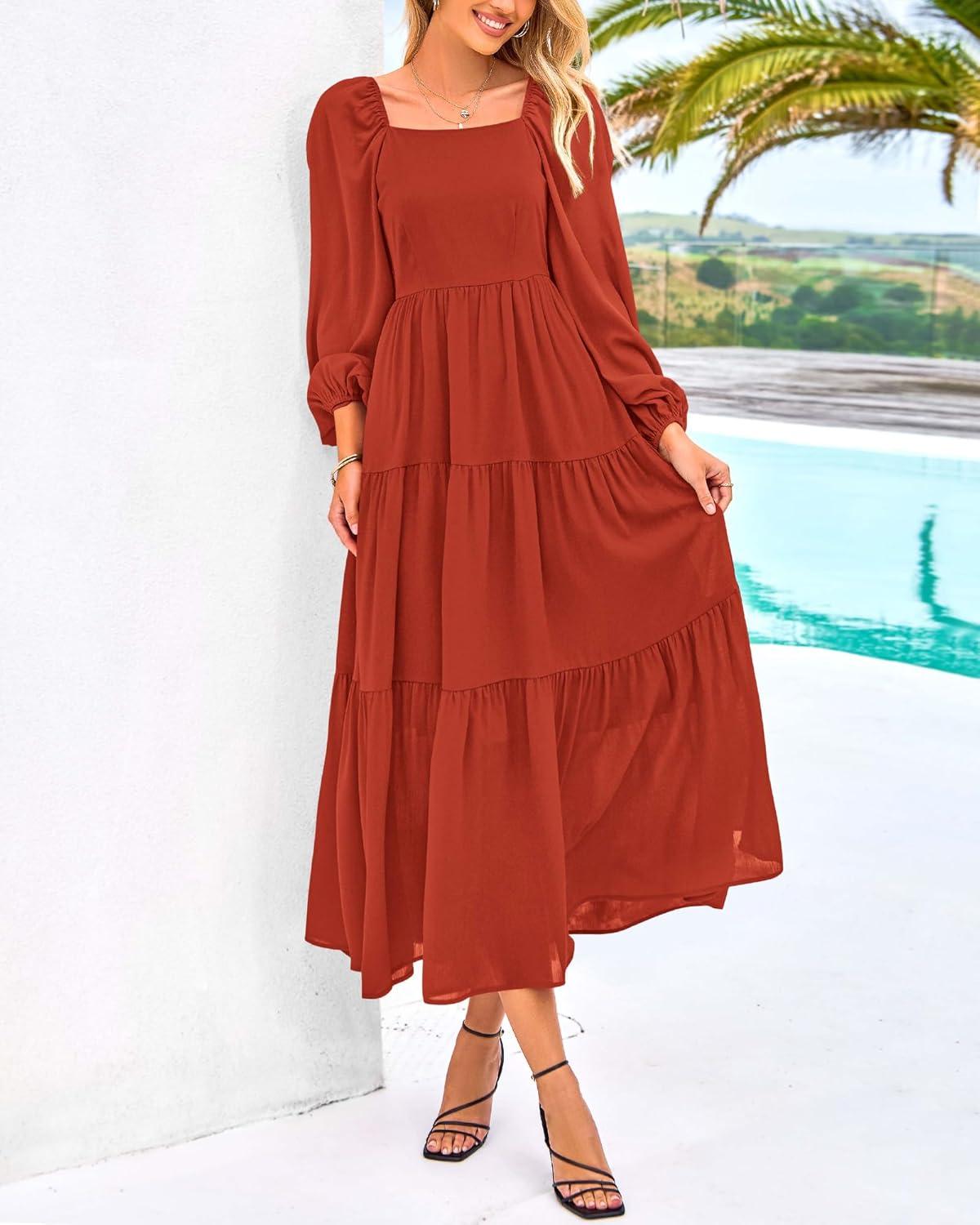 imageBTFBM Women Formal Dress Spring Square Neck Puff Long Sleeve Smocked Tiered Flowy Wedding Guest Maxi Dresses PocketsBrick Red