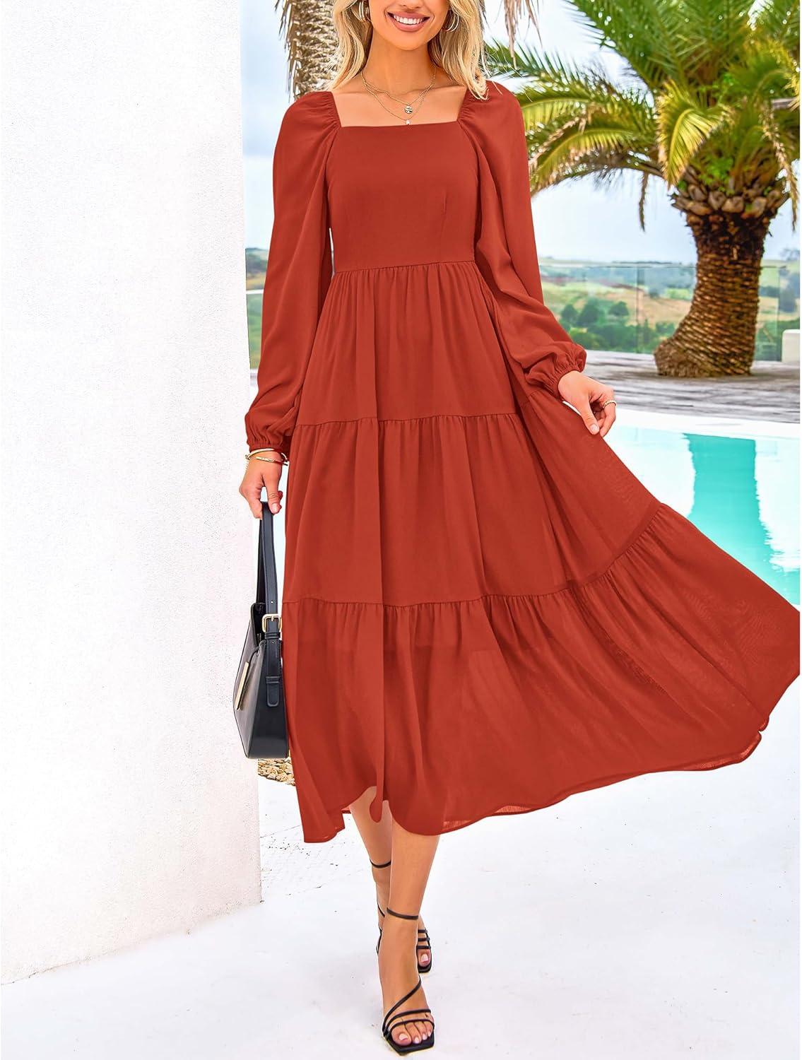 imageBTFBM Women Formal Dress Spring Square Neck Puff Long Sleeve Smocked Tiered Flowy Wedding Guest Maxi Dresses PocketsBrick Red
