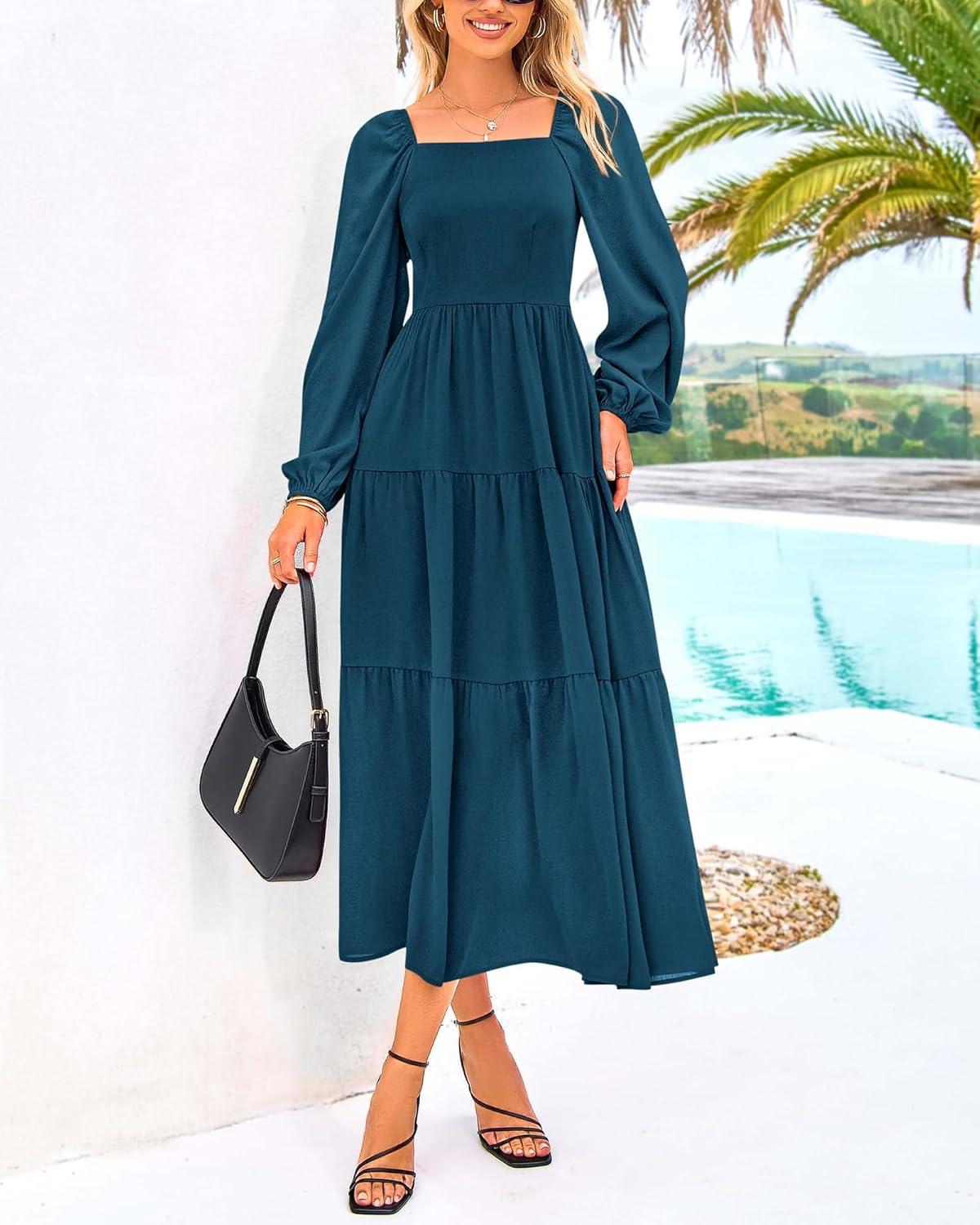 imageBTFBM Women Formal Dress Spring Square Neck Puff Long Sleeve Smocked Tiered Flowy Wedding Guest Maxi Dresses PocketsDark Blue