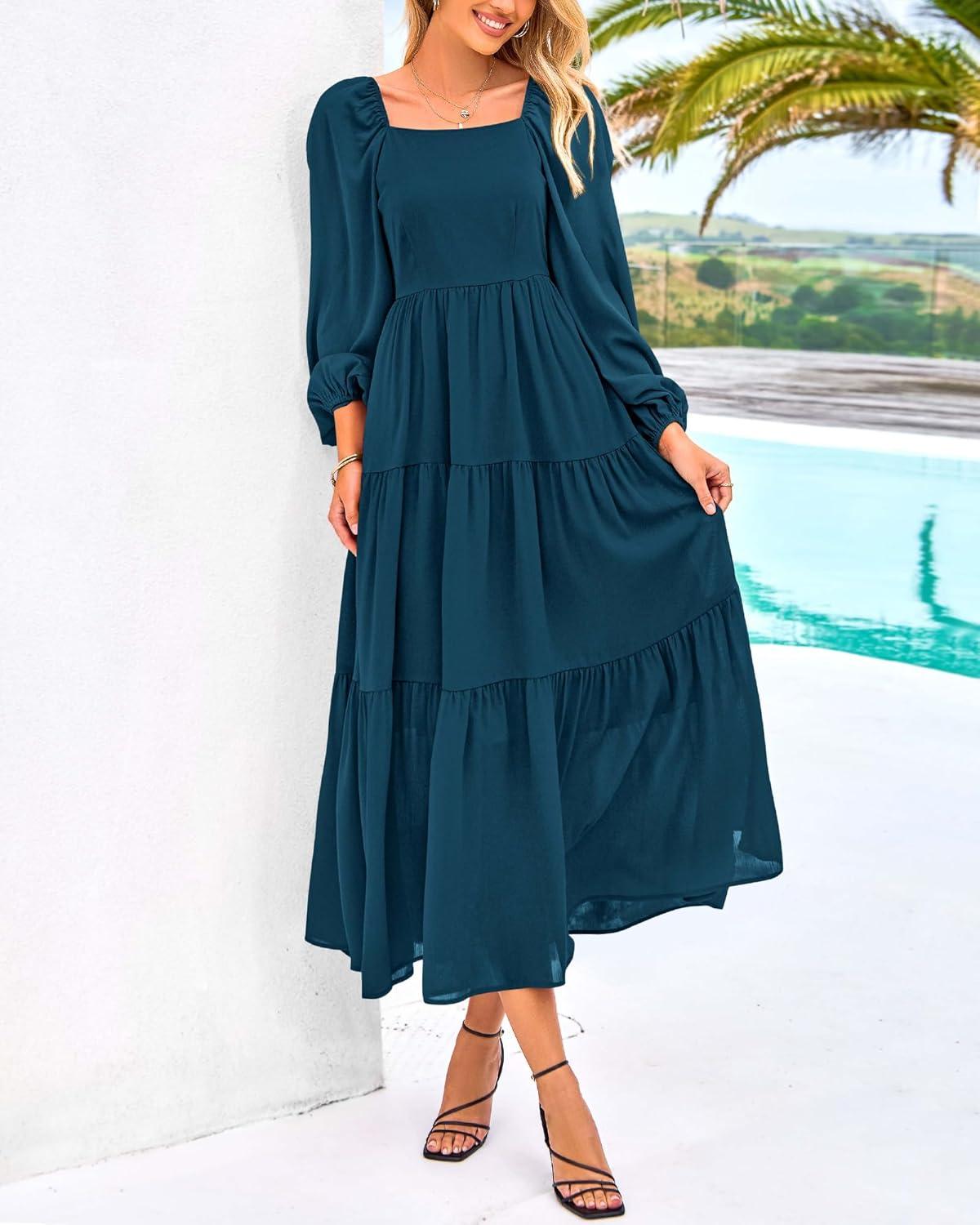 imageBTFBM Women Formal Dress Spring Square Neck Puff Long Sleeve Smocked Tiered Flowy Wedding Guest Maxi Dresses PocketsDark Blue