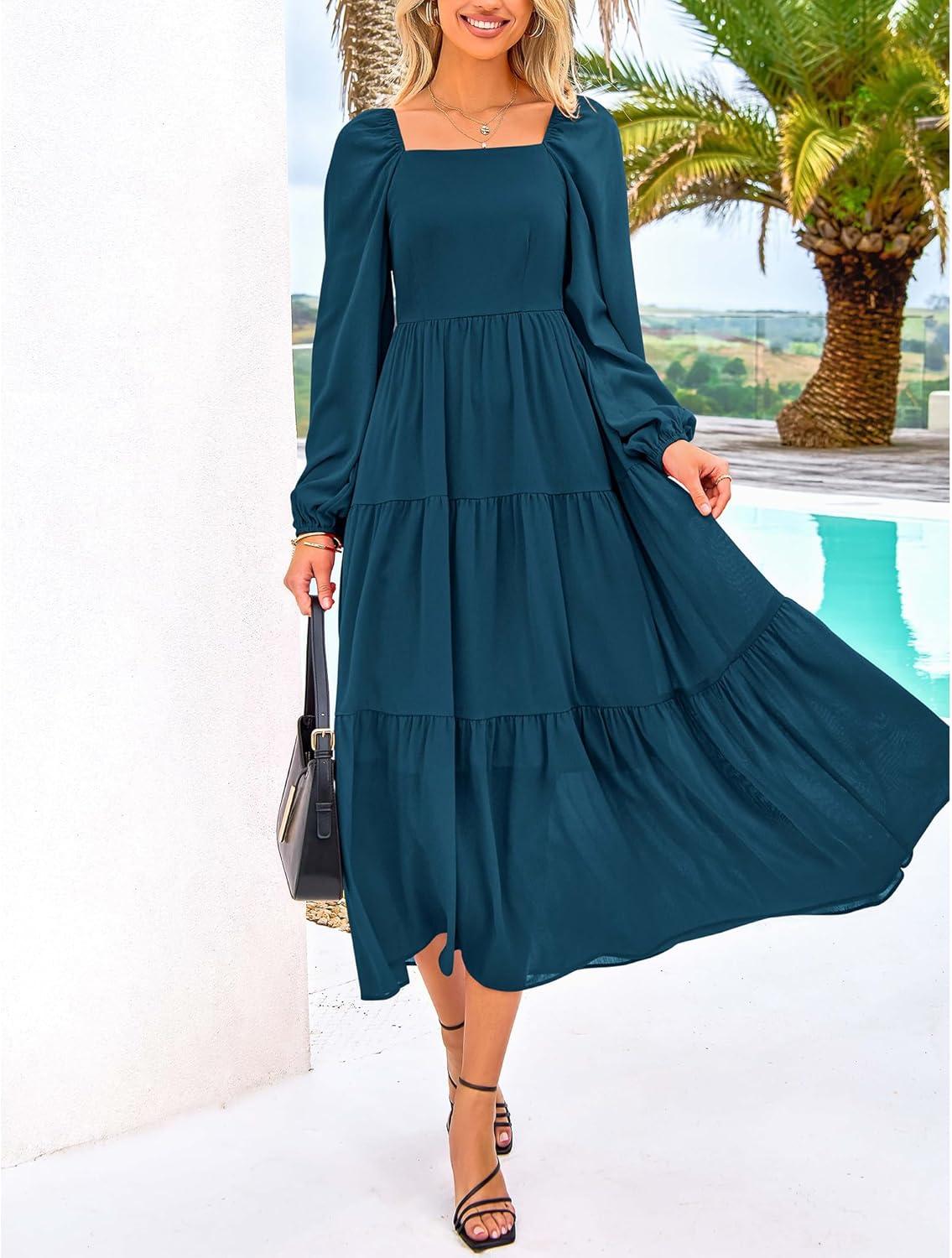 imageBTFBM Women Formal Dress Spring Square Neck Puff Long Sleeve Smocked Tiered Flowy Wedding Guest Maxi Dresses PocketsDark Blue
