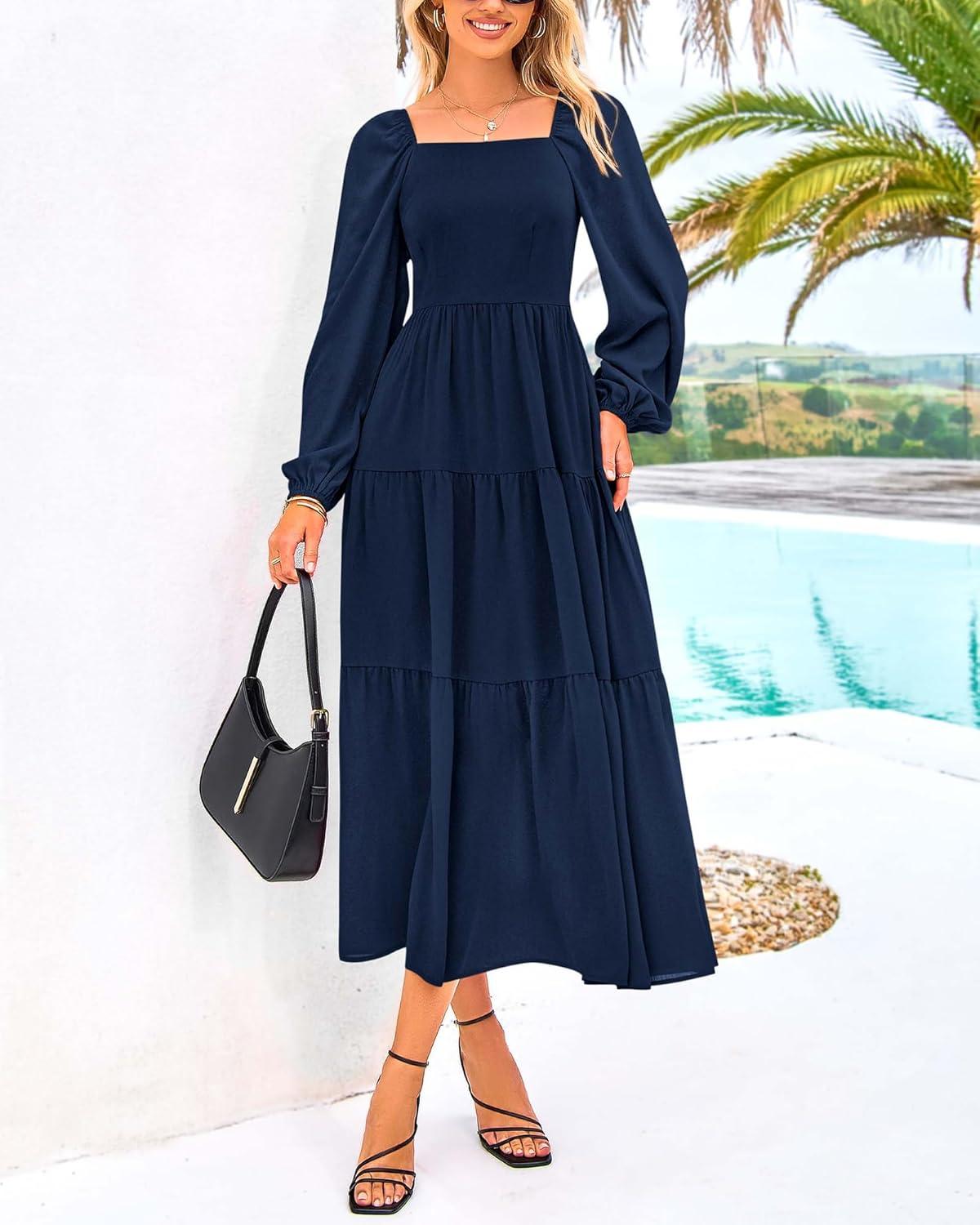 imageBTFBM Women Formal Dress Spring Square Neck Puff Long Sleeve Smocked Tiered Flowy Wedding Guest Maxi Dresses PocketsNavy