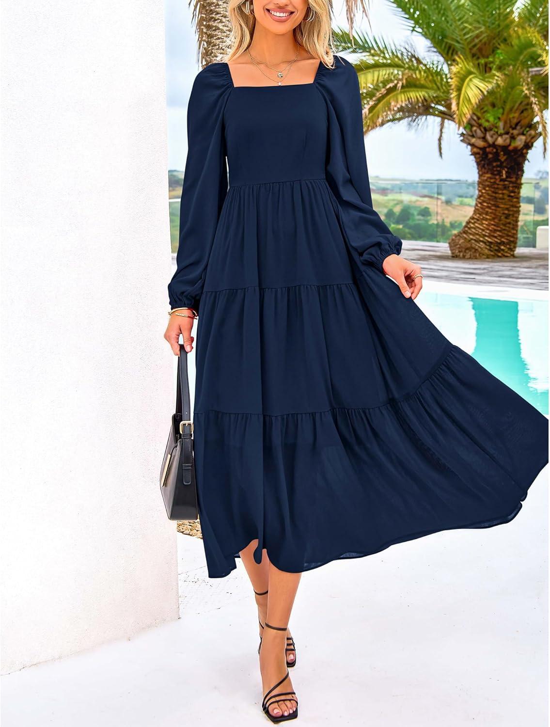 imageBTFBM Women Formal Dress Spring Square Neck Puff Long Sleeve Smocked Tiered Flowy Wedding Guest Maxi Dresses PocketsNavy