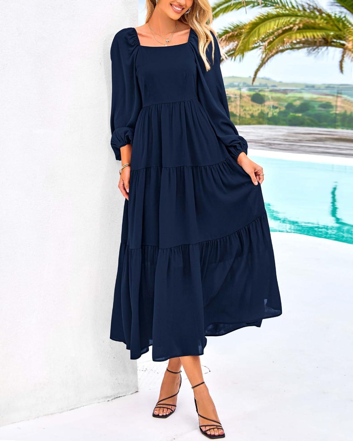 imageBTFBM Women Formal Dress Spring Square Neck Puff Long Sleeve Smocked Tiered Flowy Wedding Guest Maxi Dresses PocketsNavy