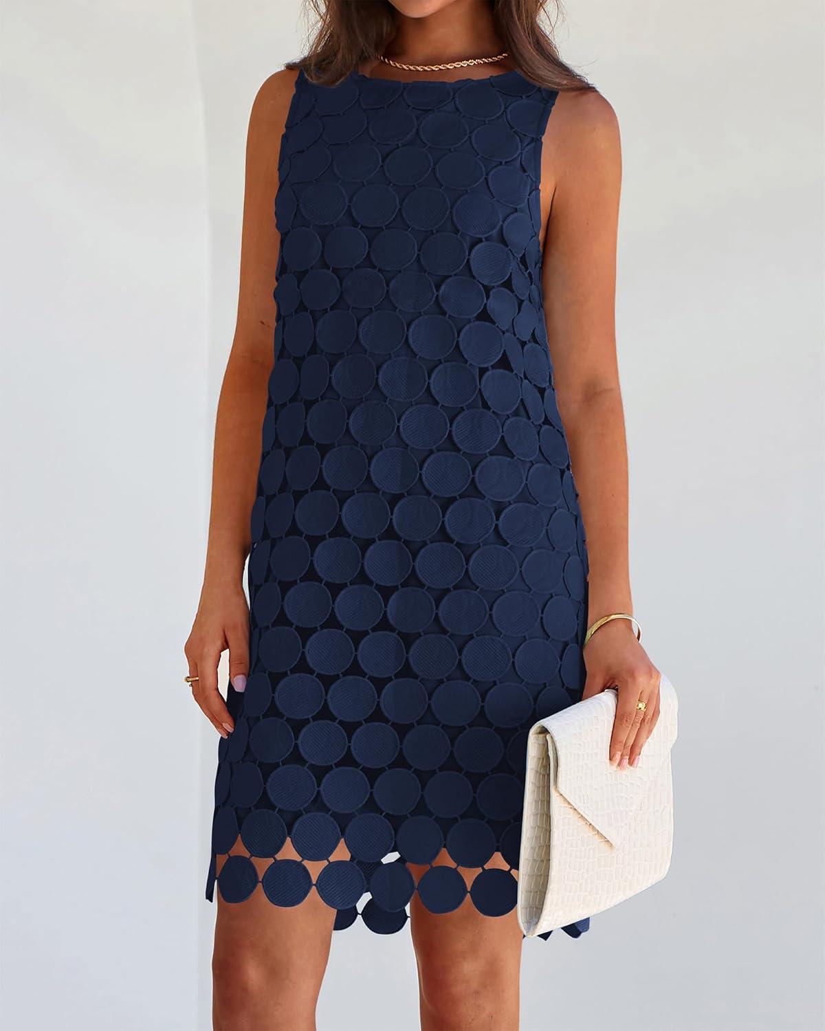 imageBTFBM Women Hollow Out Circle Embroidered Short Dresses Summer Casual Sleeveless Vacation Party Cocktail Tank DressNavy