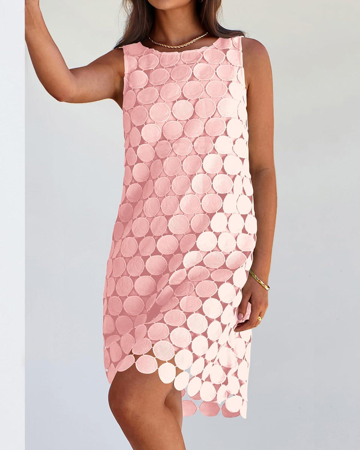 imageBTFBM Women Hollow Out Circle Embroidered Short Dresses Summer Casual Sleeveless Vacation Party Cocktail Tank DressPink
