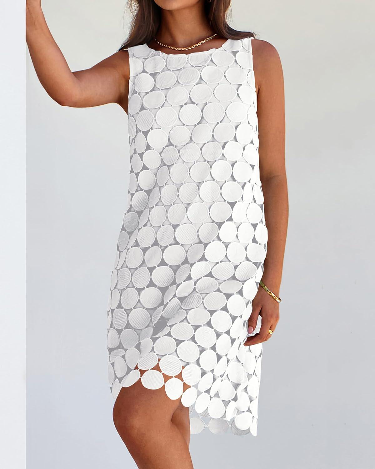 imageBTFBM Women Hollow Out Circle Embroidered Short Dresses Summer Casual Sleeveless Vacation Party Cocktail Tank DressWhite