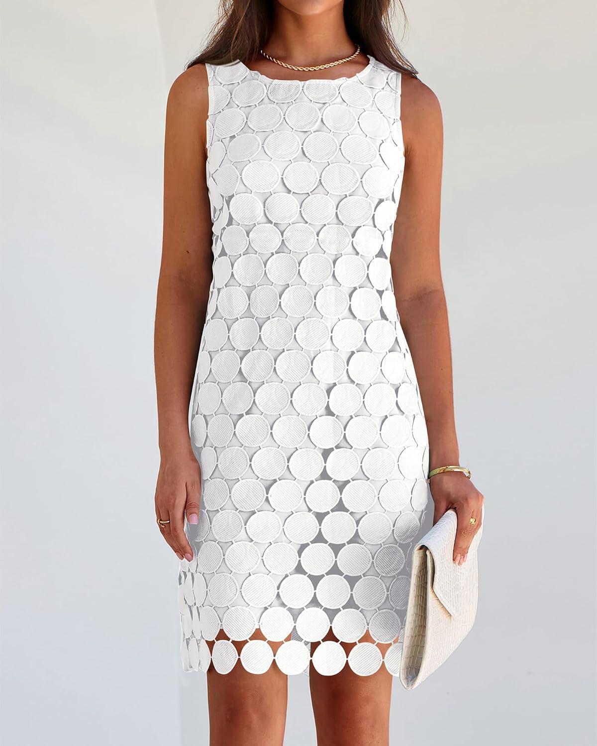 imageBTFBM Women Hollow Out Circle Embroidered Short Dresses Summer Casual Sleeveless Vacation Party Cocktail Tank DressWhite