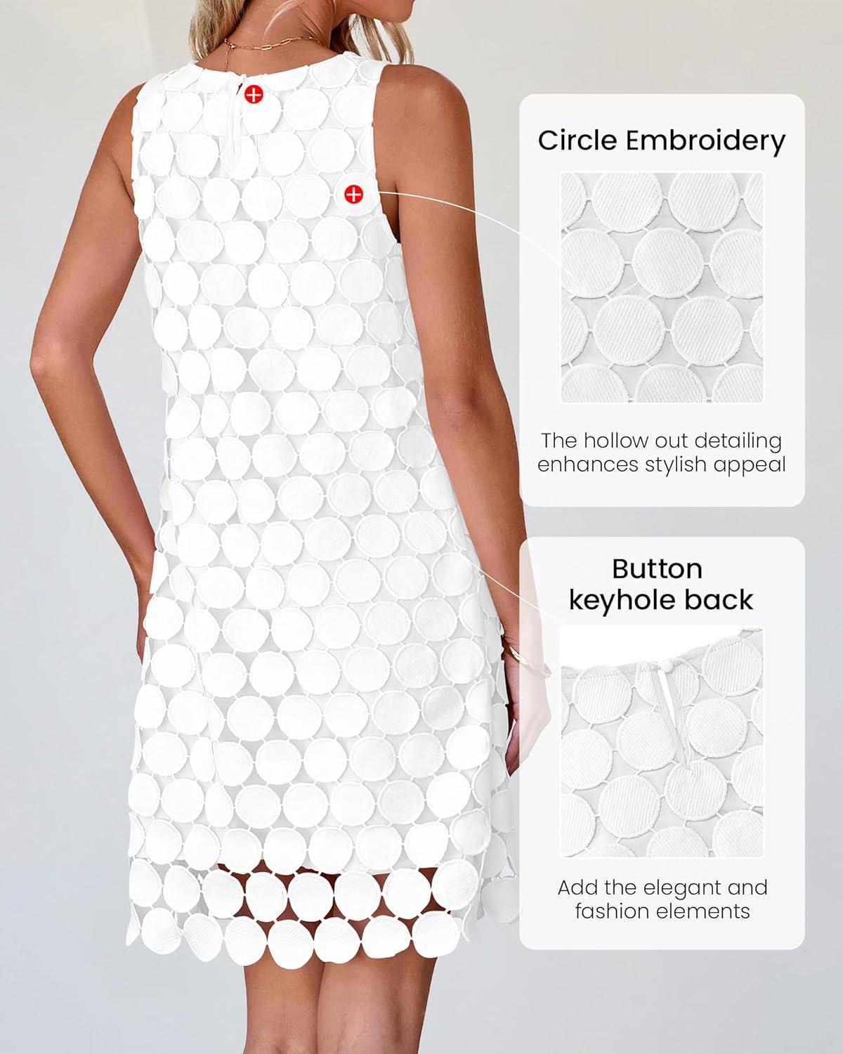 imageBTFBM Women Hollow Out Circle Embroidered Short Dresses Summer Casual Sleeveless Vacation Party Cocktail Tank DressWhite
