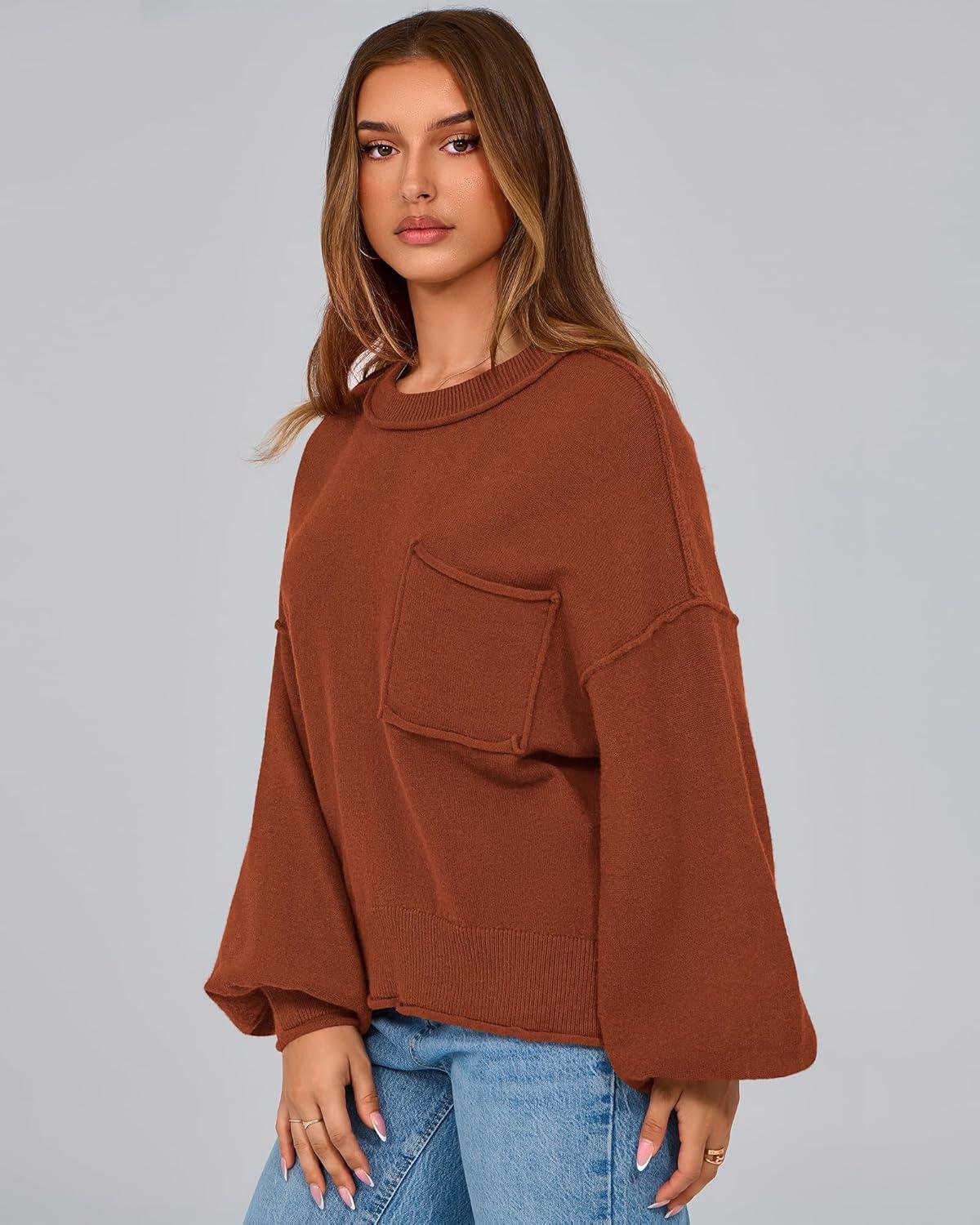 imageBTFBM Women Oversized Sweater Fall Lantern Long Sleeve Crewneck Winter Outfits Casual Ribbed Knit Pullover Tops 2025Brown Orange