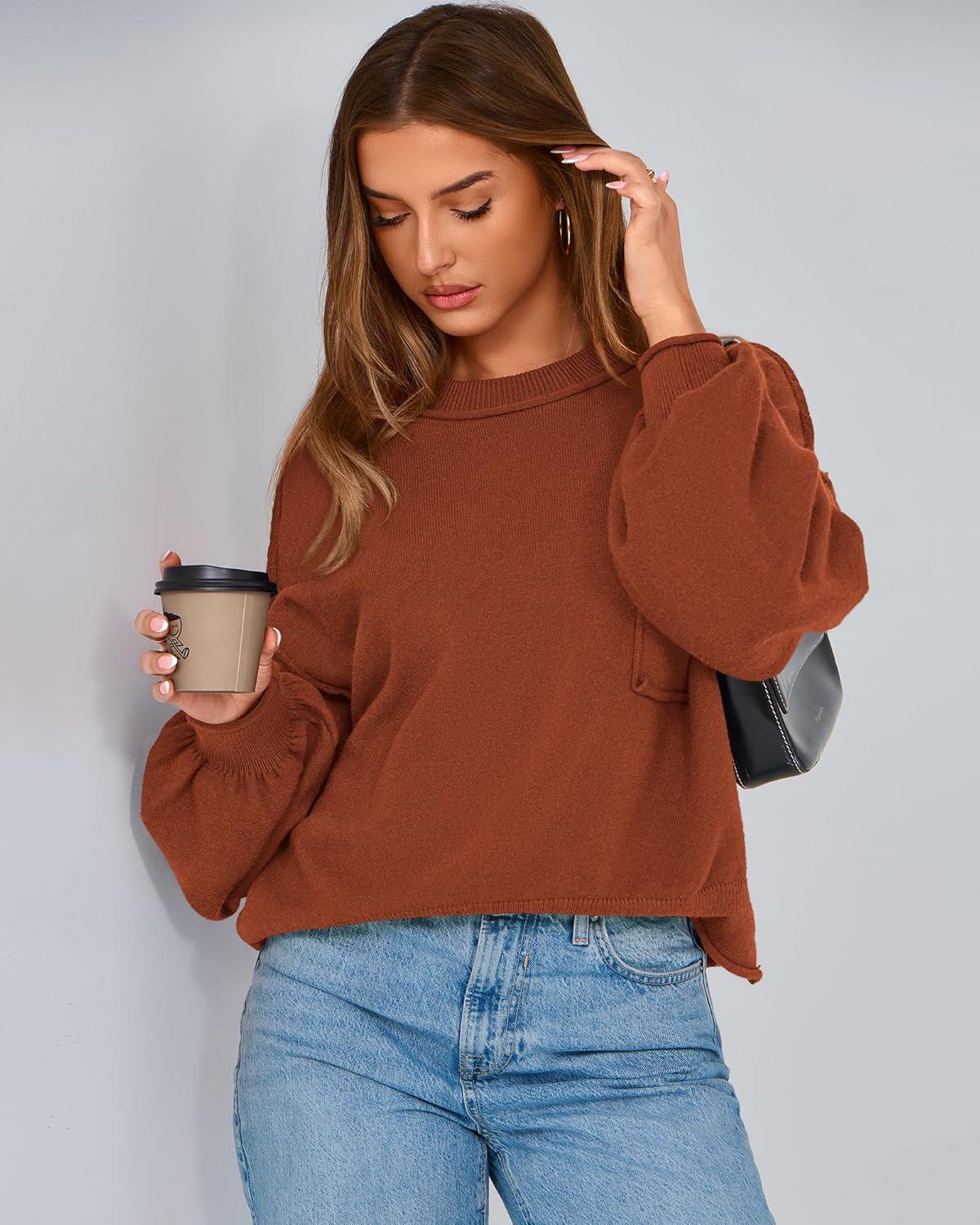 imageBTFBM Women Oversized Sweater Fall Lantern Long Sleeve Crewneck Winter Outfits Casual Ribbed Knit Pullover Tops 2025Brown Orange