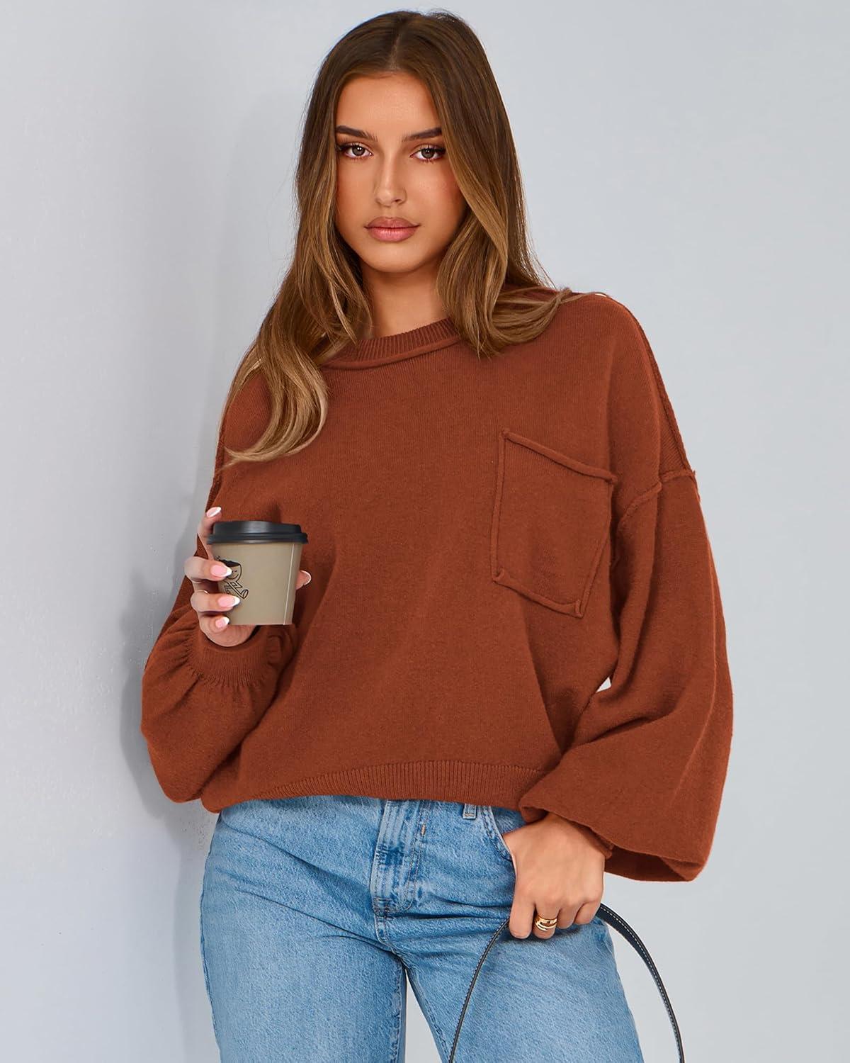 imageBTFBM Women Oversized Sweater Fall Lantern Long Sleeve Crewneck Winter Outfits Casual Ribbed Knit Pullover Tops 2025Brown Orange