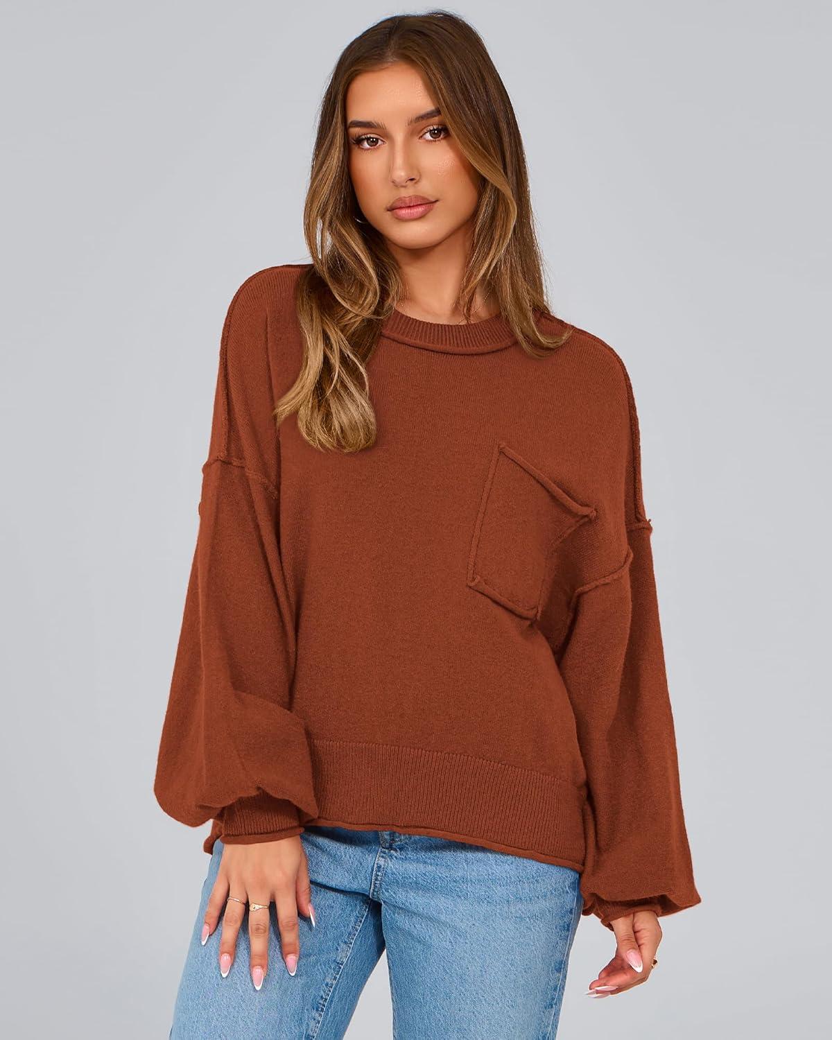 imageBTFBM Women Oversized Sweater Fall Lantern Long Sleeve Crewneck Winter Outfits Casual Ribbed Knit Pullover Tops 2025Brown Orange
